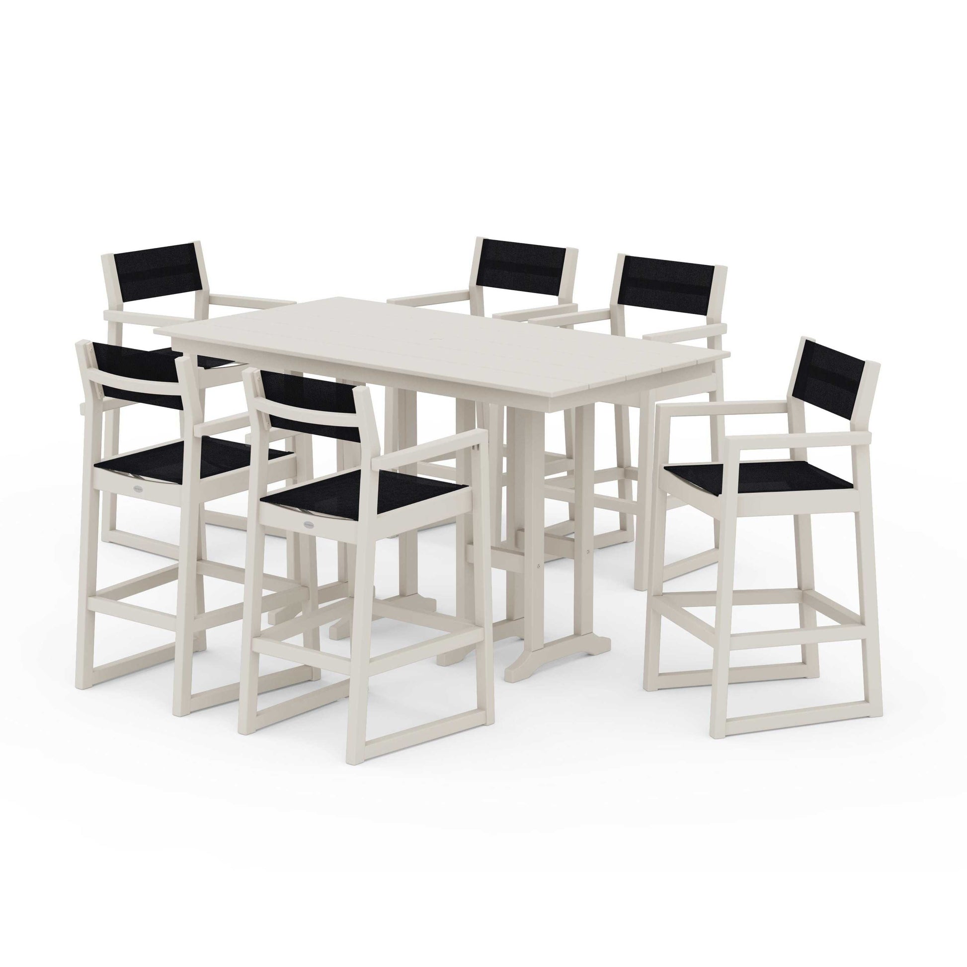 POLYWOOD EDGE Sling Arm Chair 7-Piece Farmhouse Bar Set — Sand / Black Sling