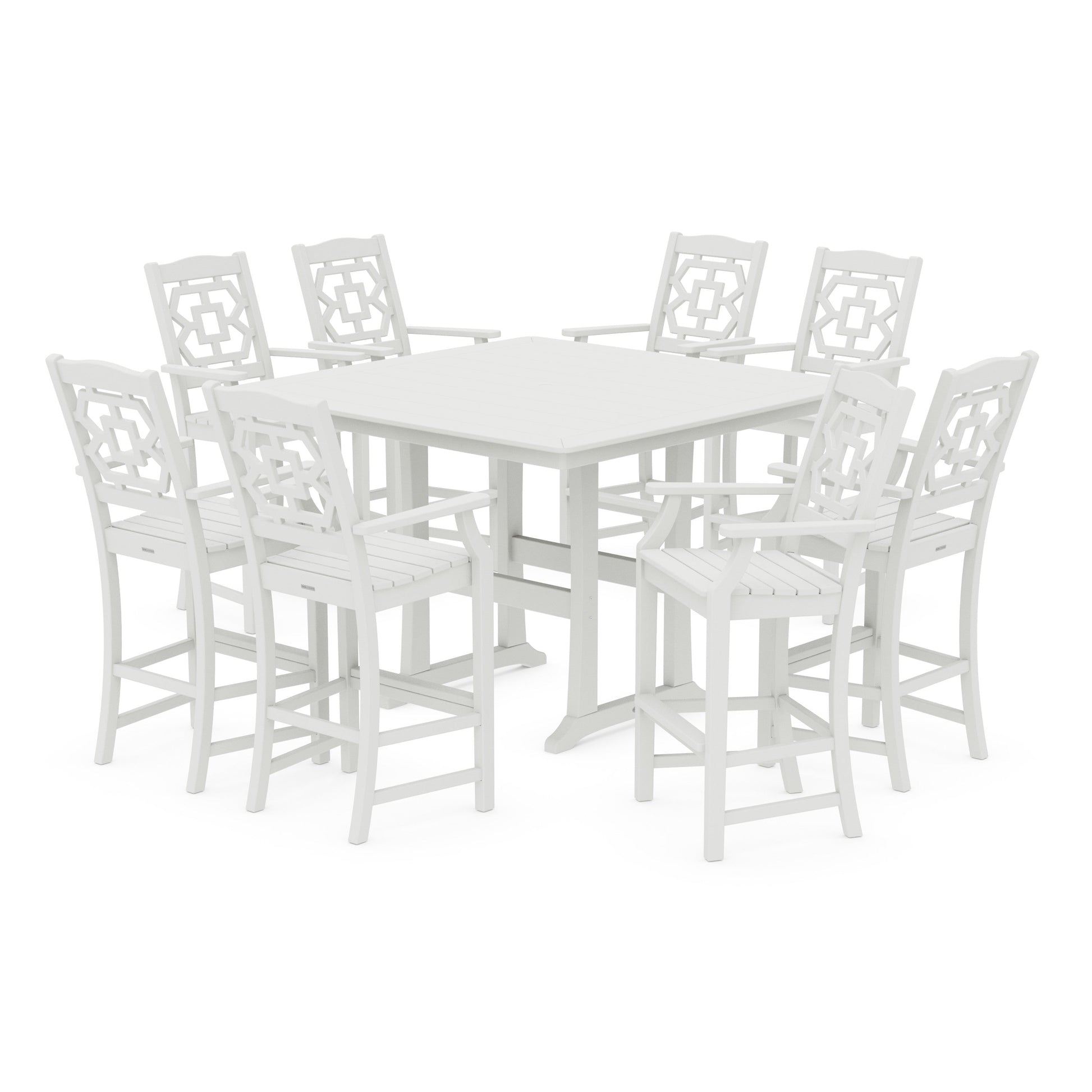 POLYWOOD Chinoiserie 9-Piece Square Bar Set with Trestle Legs — Vintage White