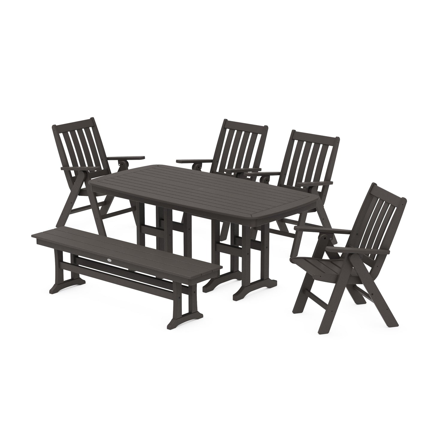 POLYWOOD Vineyard Folding Chair 6-Piece Dining Set with Bench — Vintage Coffee