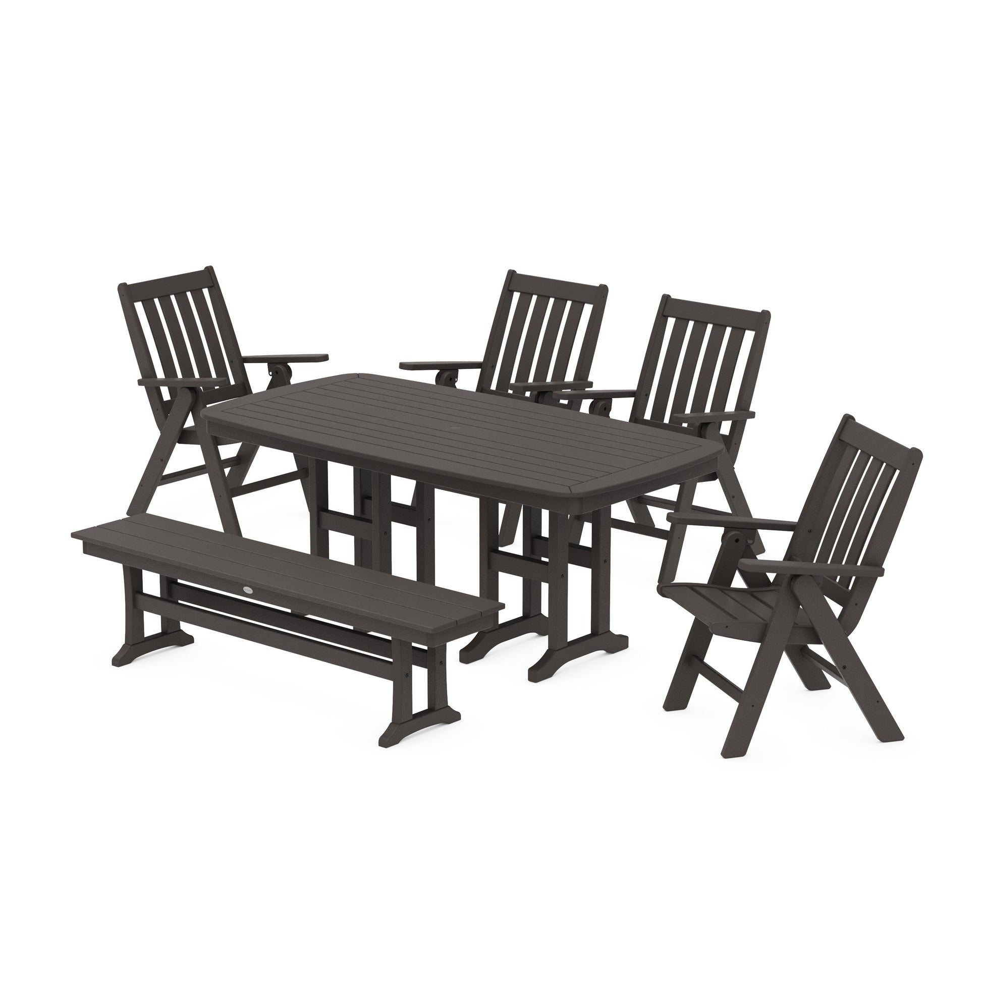 POLYWOOD Vineyard Folding Chair 6-Piece Dining Set with Bench — Vintage Coffee