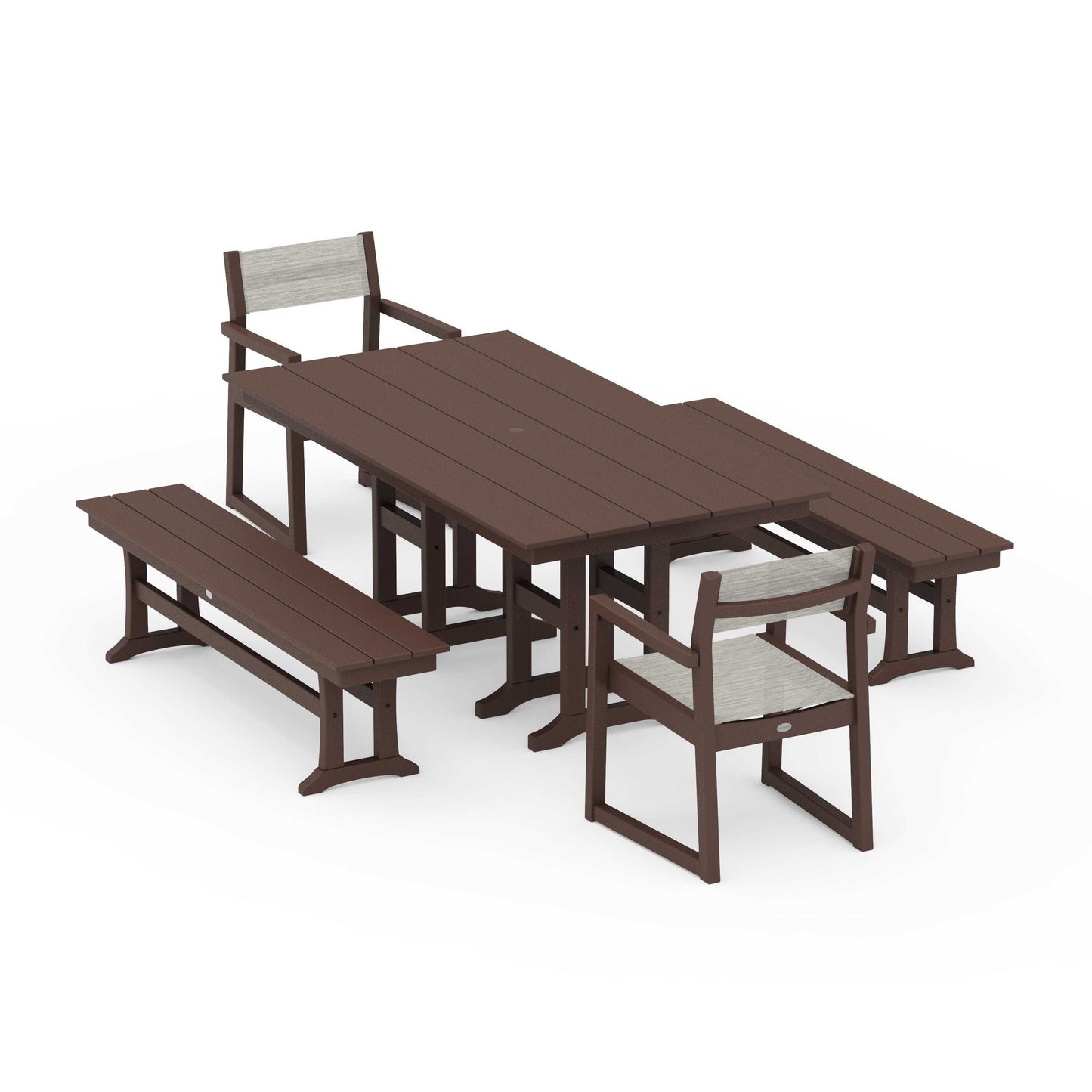 POLYWOOD EDGE Sling Arm Chair 5-Piece Farmhouse Dining Set with Benches — Mahogany / Birch Sling