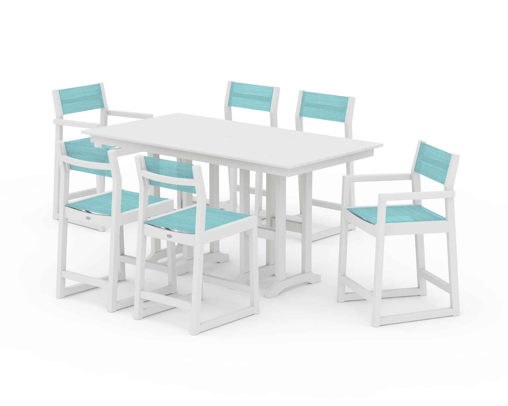 POLYWOOD EDGE Sling 7-Piece Farmhouse Counter Set with Trestle Legs — Vintage White / Dupioni Aquamarine Sling