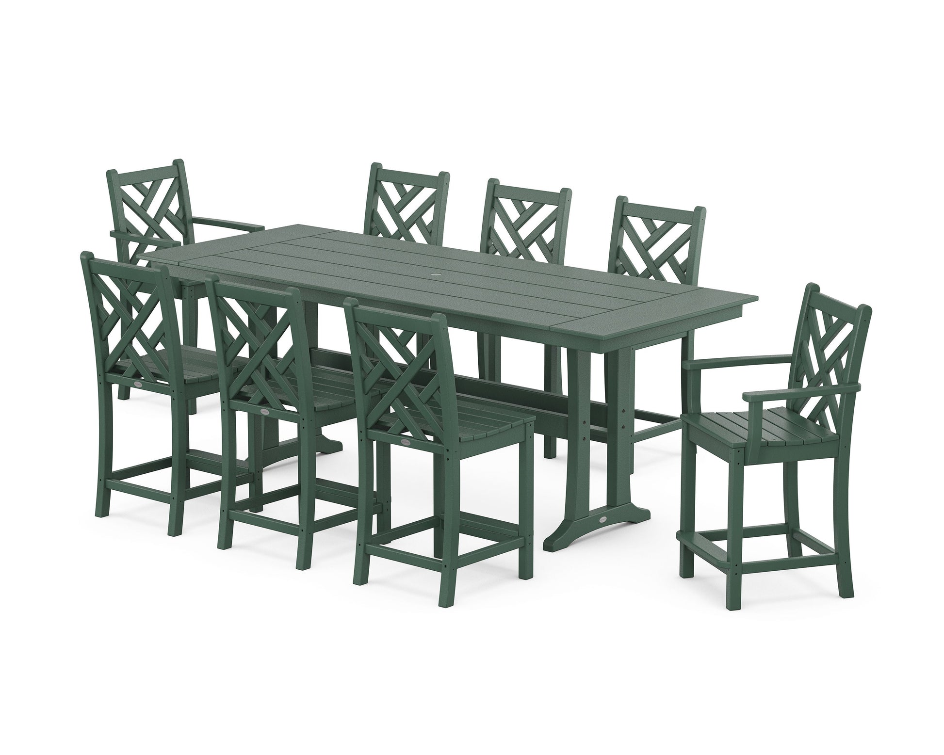 POLYWOOD Chippendale 9-Piece Farmhouse Counter Set with Trestle Legs — Green