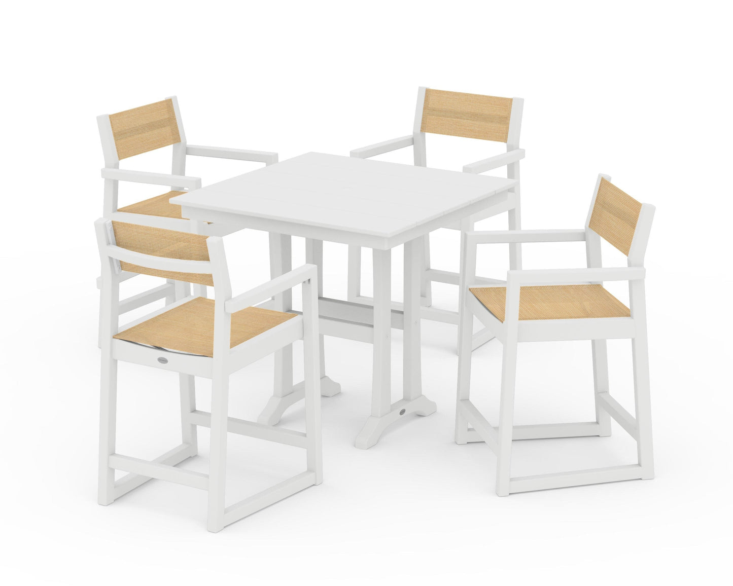 POLYWOOD EDGE Sling Arm Chair 5-Piece Farmhouse Counter Set with Trestle Legs — White / Dupioni Apricot Sling