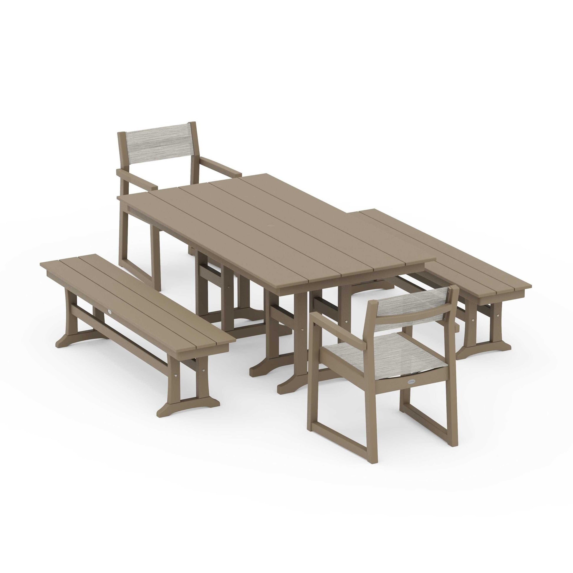 POLYWOOD EDGE Sling Arm Chair 5-Piece Farmhouse Dining Set with Benches — Vintage Sahara / Birch Sling