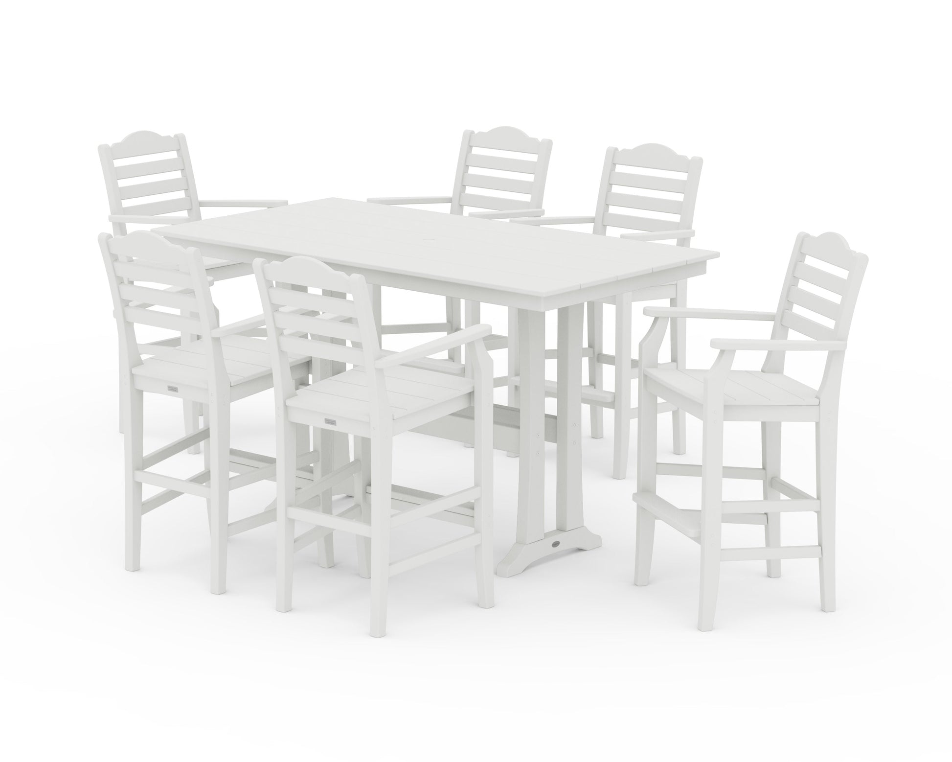 POLYWOOD Savannah Arm Chair 7-Piece Farmhouse Bar Set with Trestle Legs — Vintage White