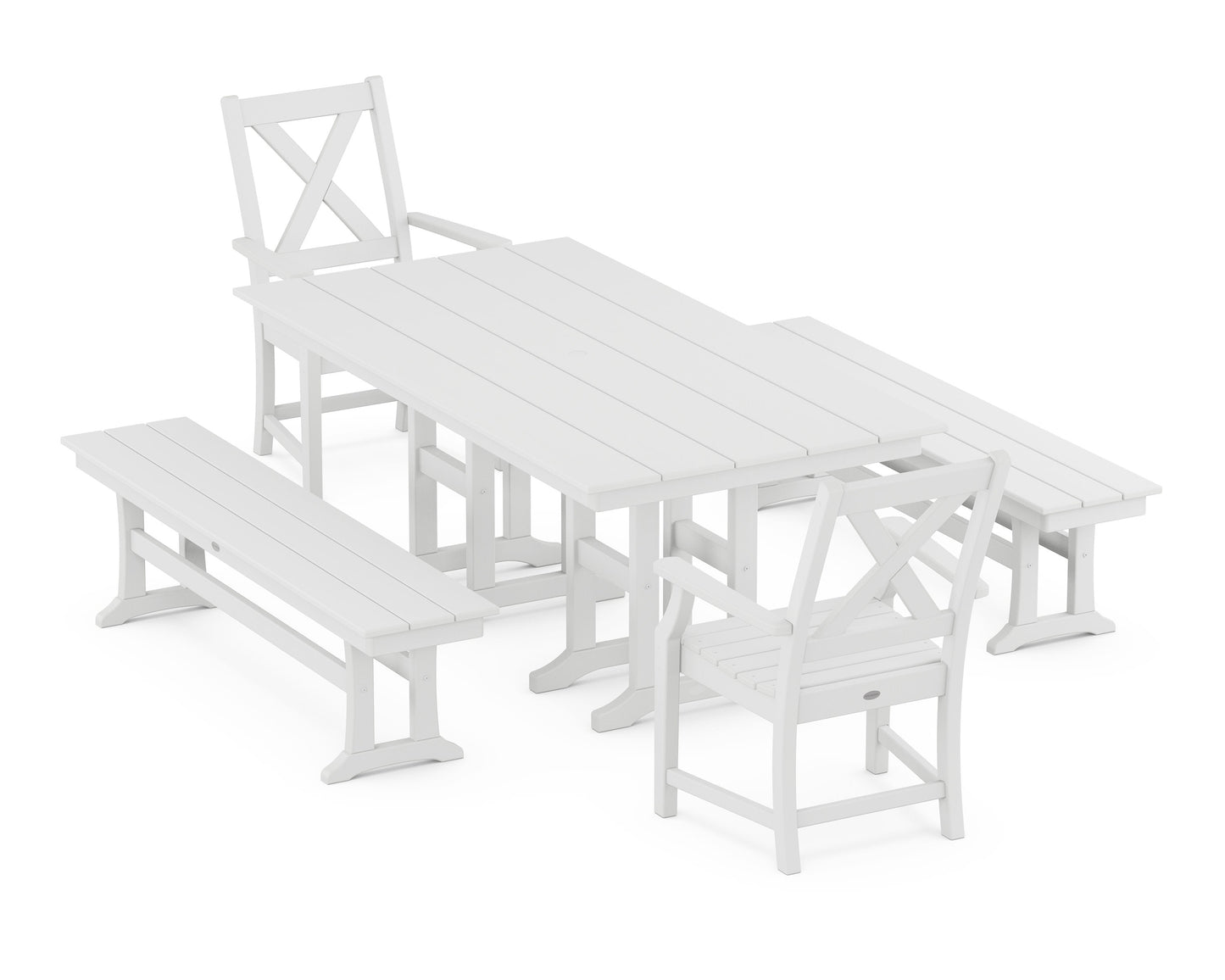 POLYWOOD Braxton 5-Piece Farmhouse Dining Set with Benches — White