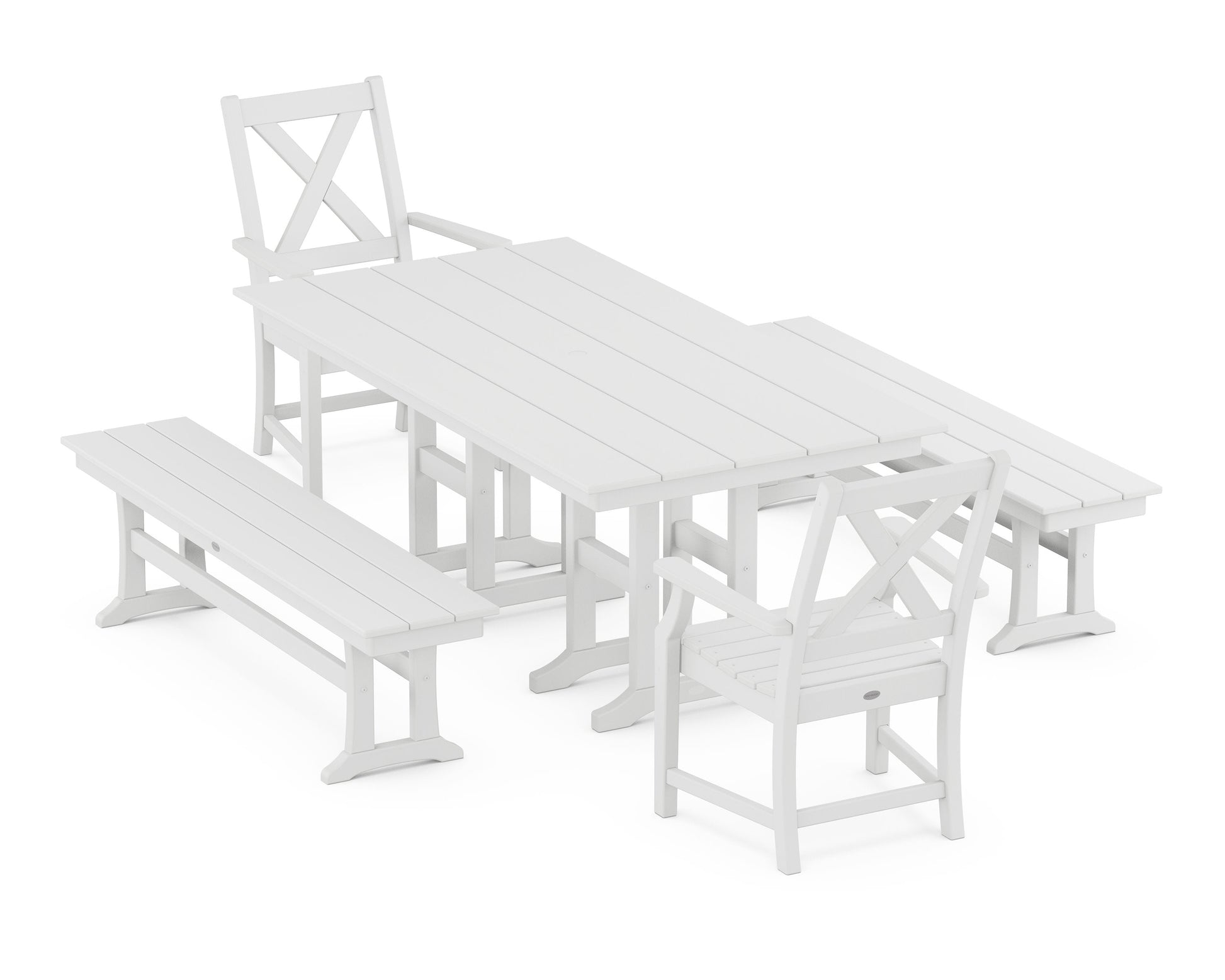 POLYWOOD Braxton 5-Piece Farmhouse Dining Set with Benches — White