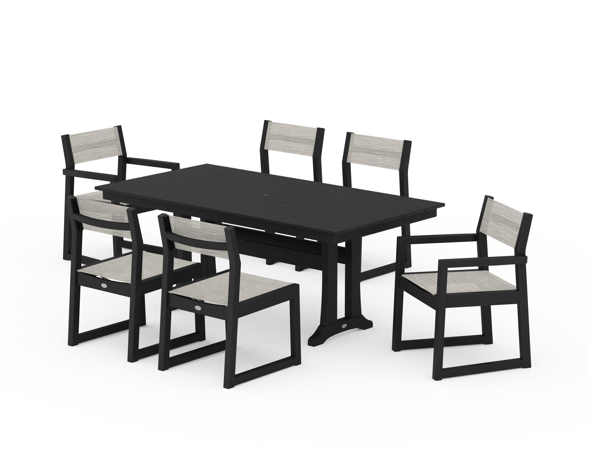 POLYWOOD EDGE Sling 7-Piece Farmhouse Trestle Dining Set — Black / Birch Sling