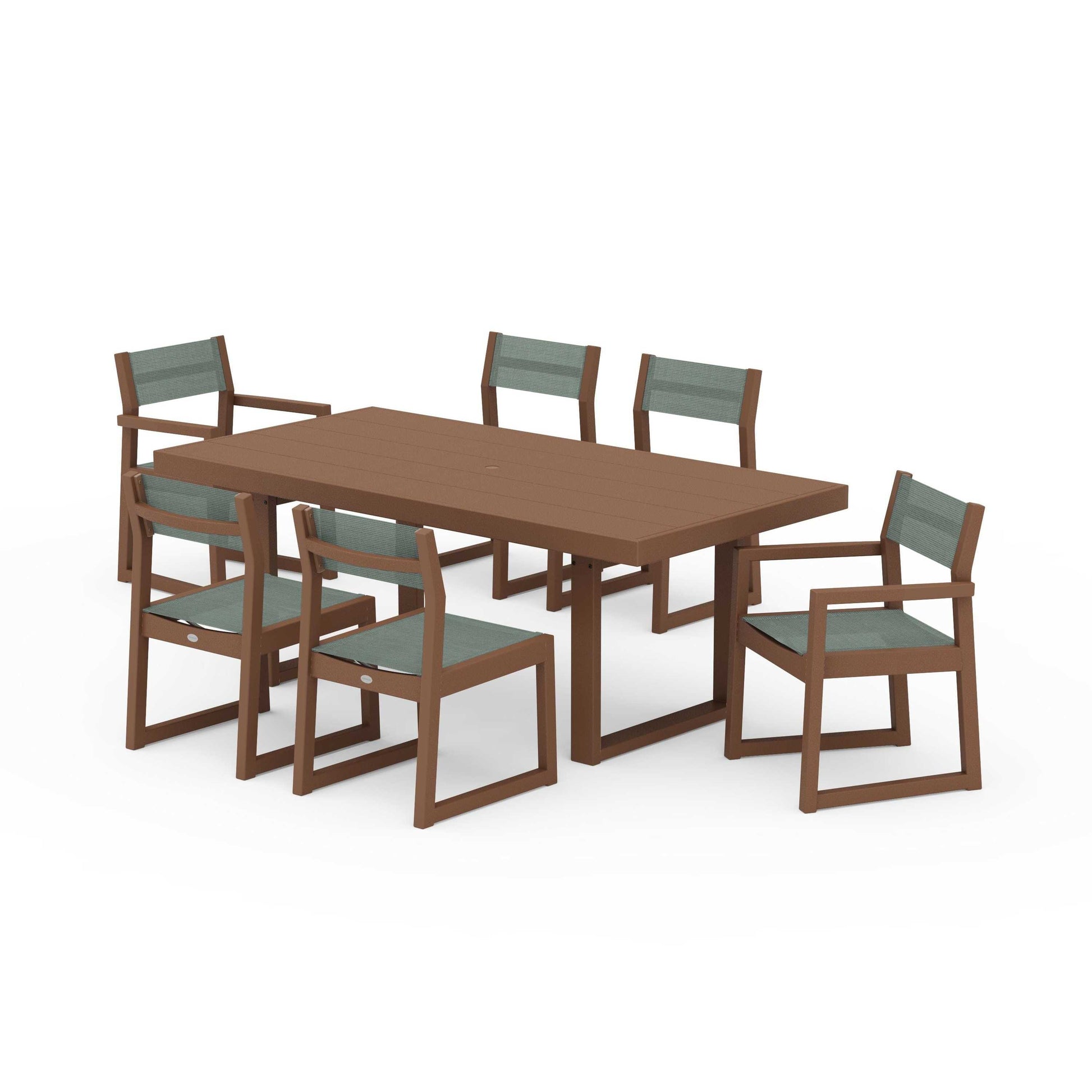POLYWOOD EDGE Sling 7-Piece Dining Set — Teak / Dupioni Sea Mist Sling