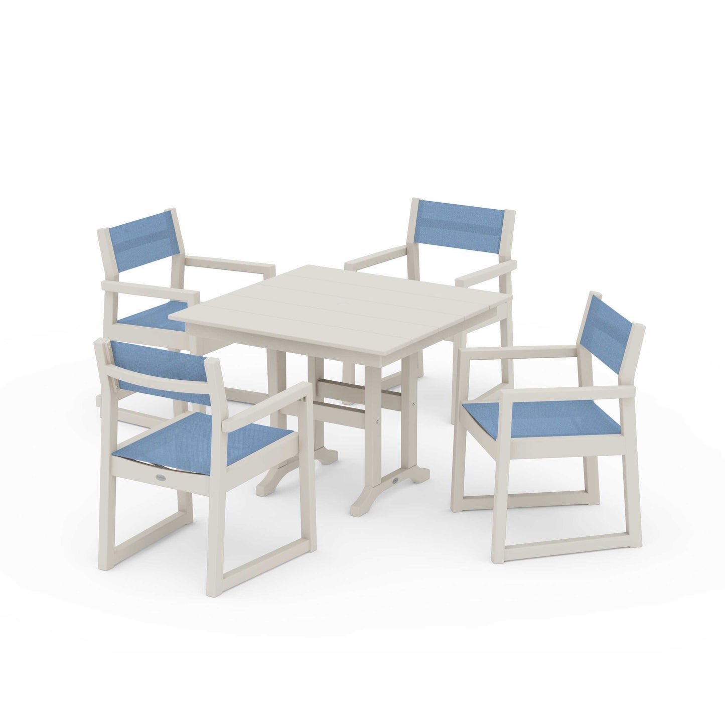 POLYWOOD EDGE Sling Arm Chair 5-Piece Farmhouse Dining Set — Sand / Poolside Sling