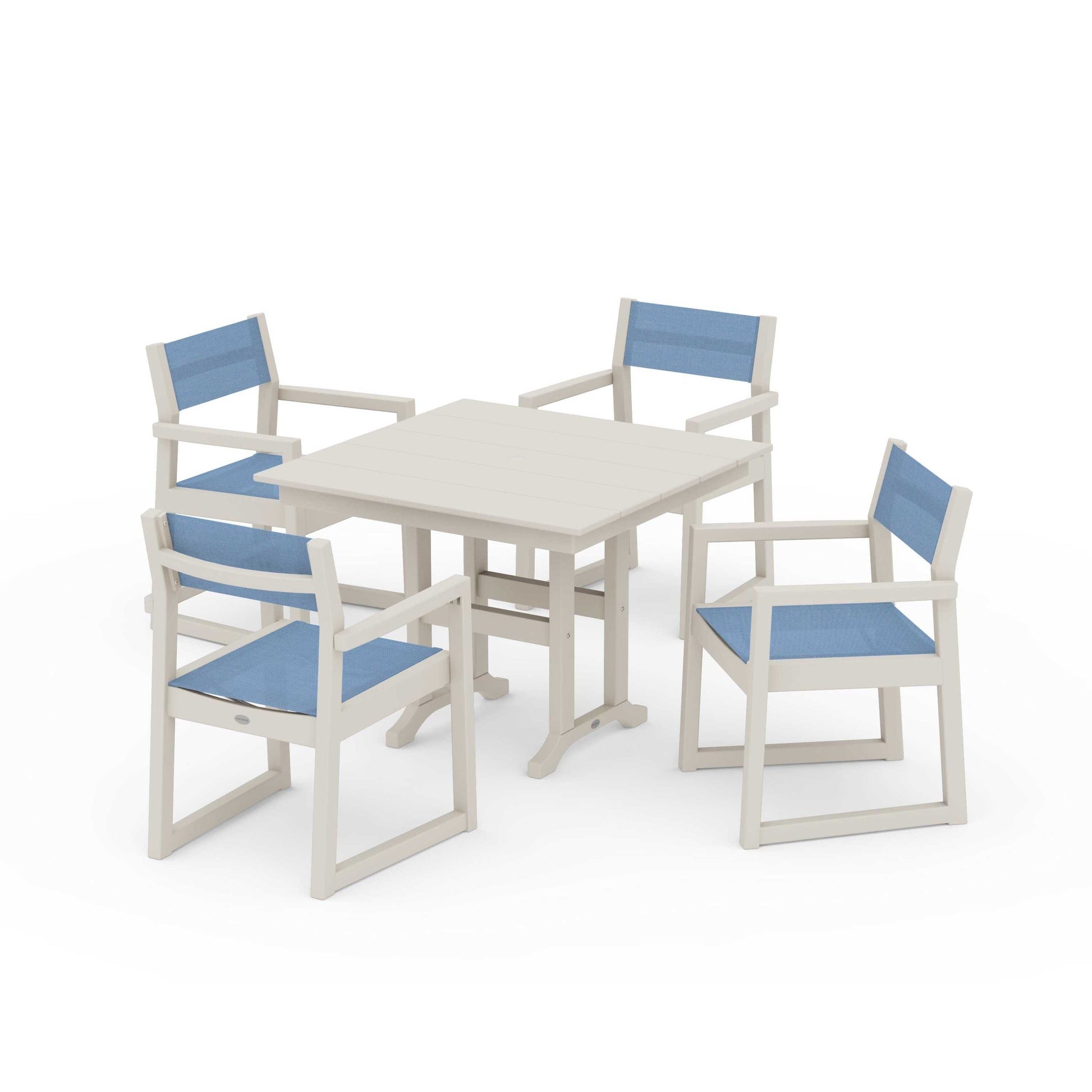 POLYWOOD EDGE Sling Arm Chair 5-Piece Farmhouse Dining Set — Sand / Poolside Sling