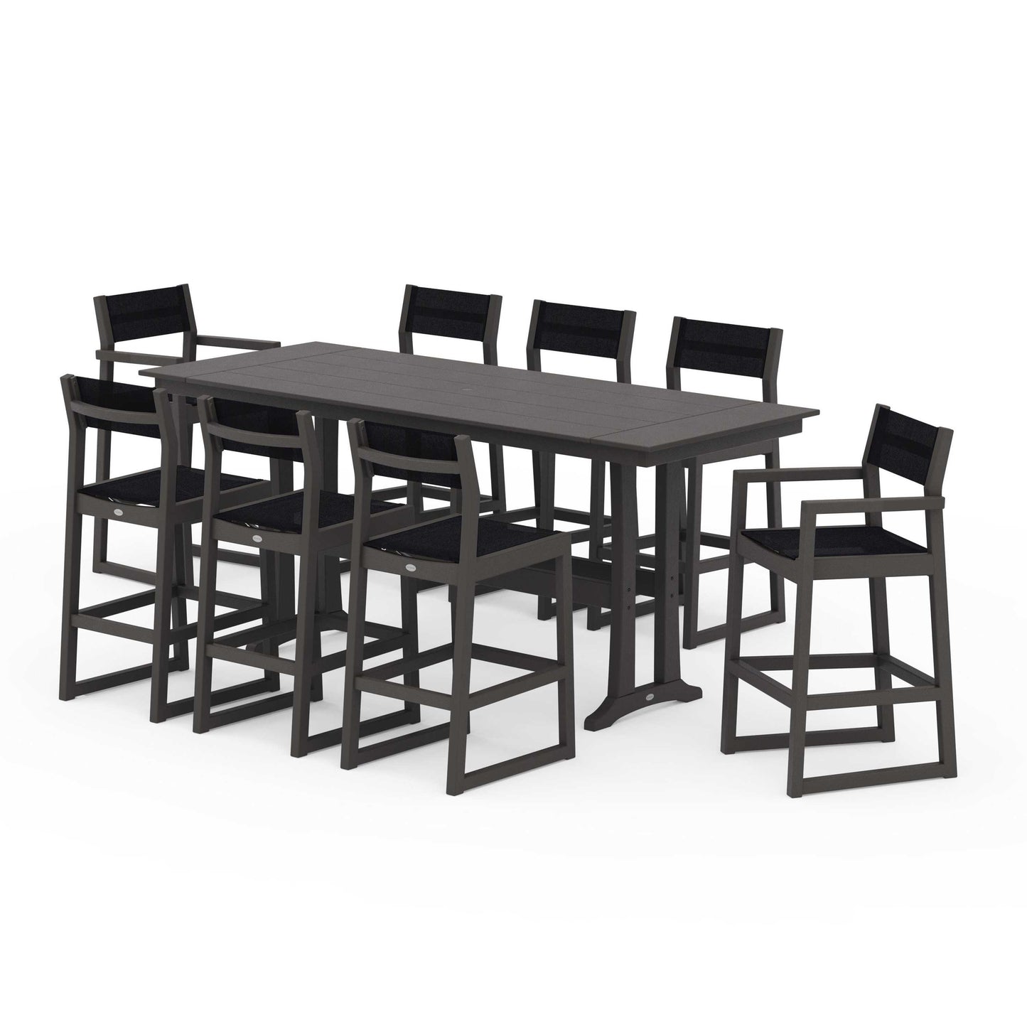 POLYWOOD EDGE Sling 9-Piece Farmhouse Bar Set with Trestle Legs — Vintage Coffee / Black Sling
