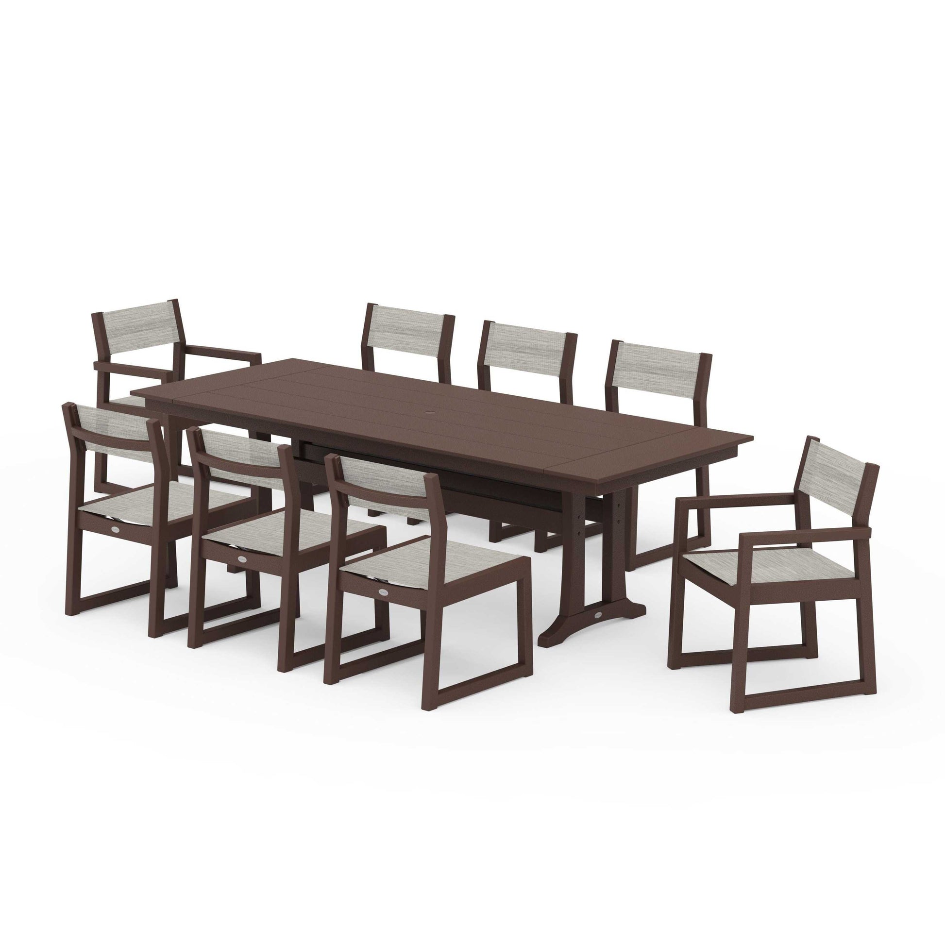 POLYWOOD EDGE Sling 9-Piece Farmhouse Trestle Dining Set — Mahogany / Birch Sling