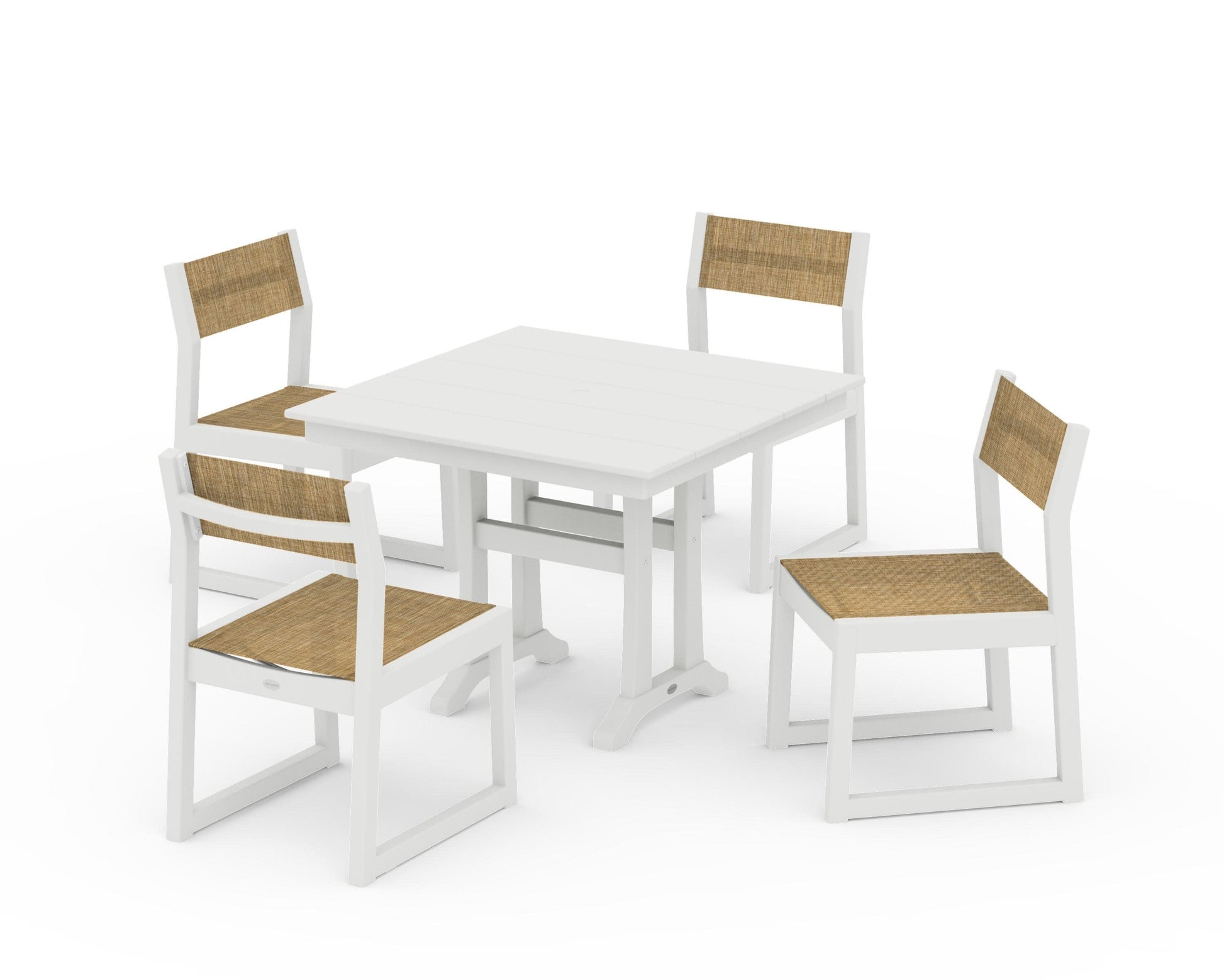 POLYWOOD EDGE Sling 5-Piece Farmhouse Trestle Side Chair Dining Set — Vintage White / Burlap Sling