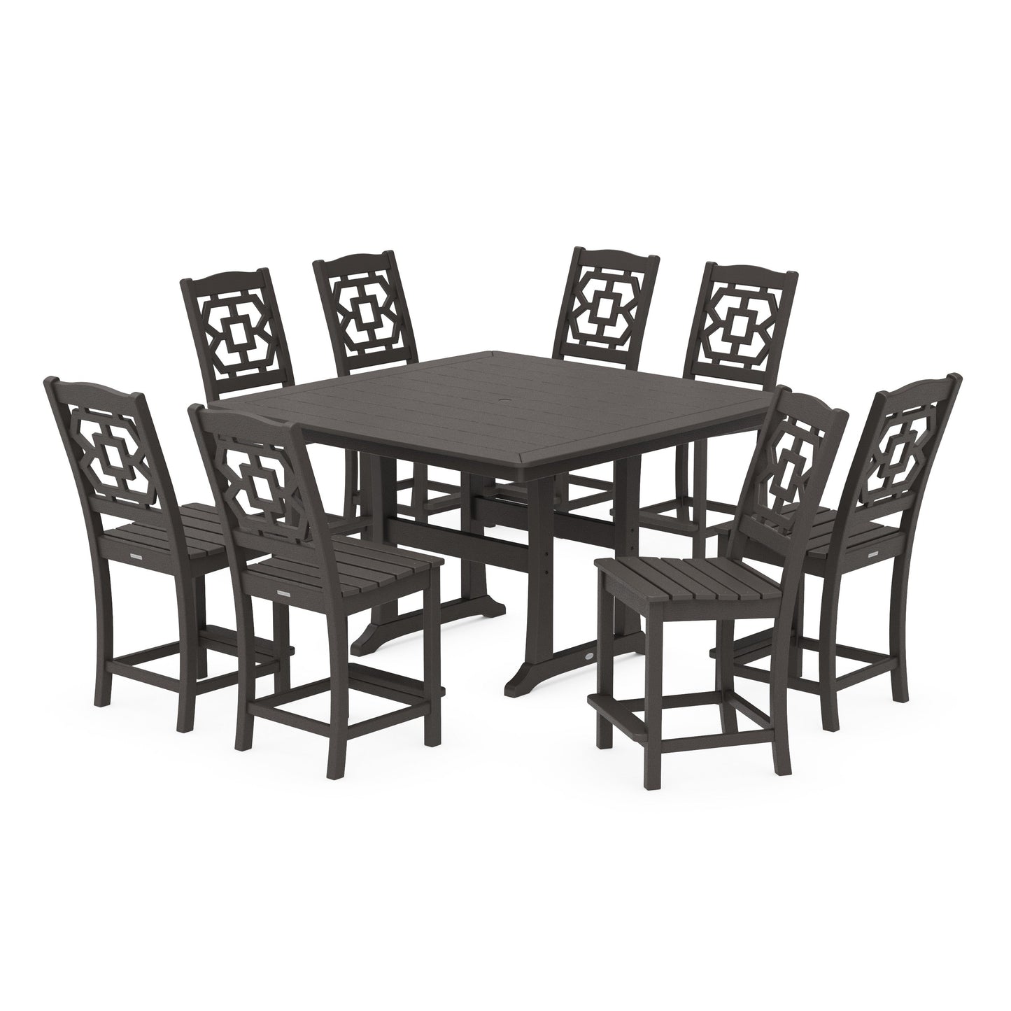 POLYWOOD Chinoiserie 9-Piece Square Side Chair Counter Set with Trestle Legs — Vintage Coffee
