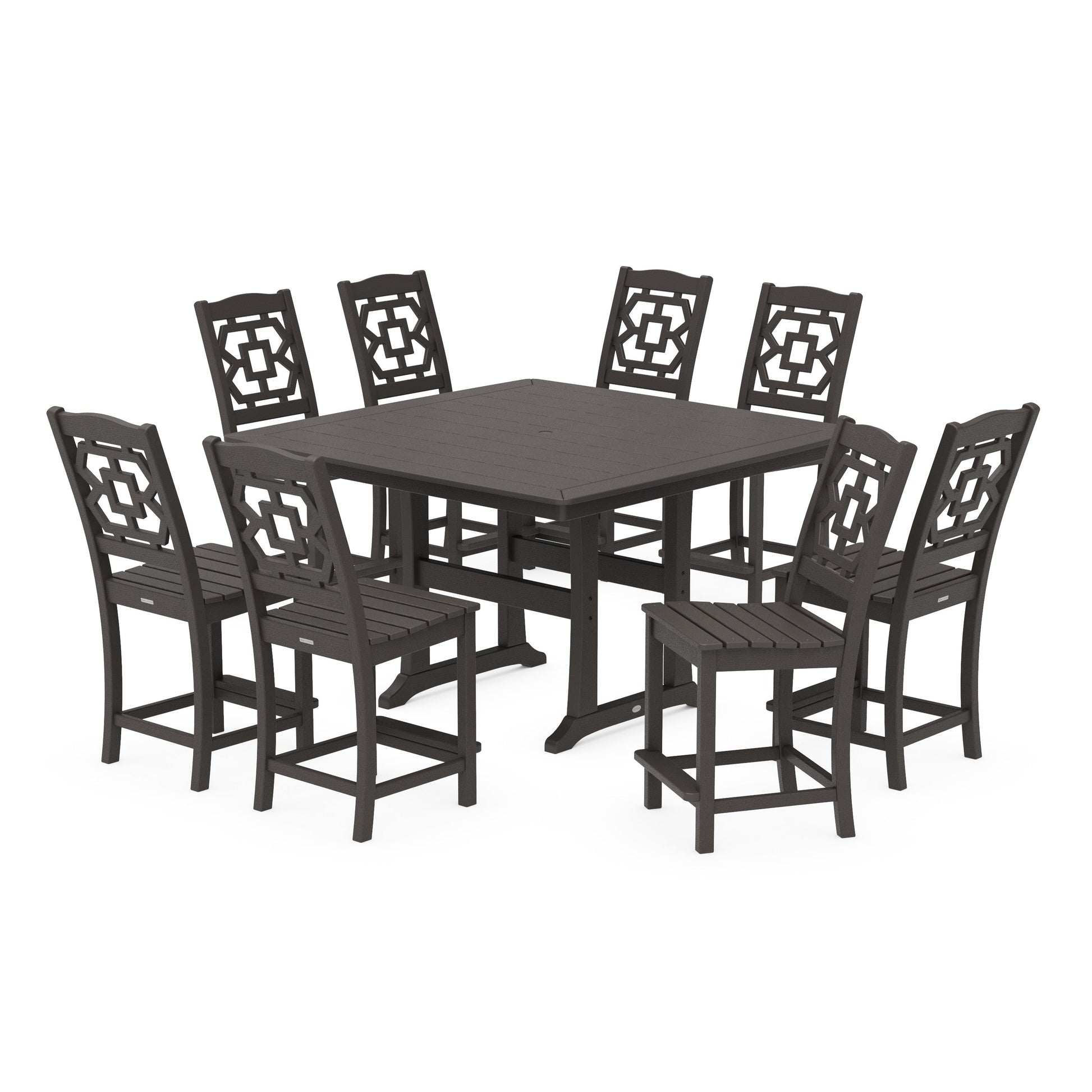POLYWOOD Chinoiserie 9-Piece Square Side Chair Counter Set with Trestle Legs — Vintage Coffee