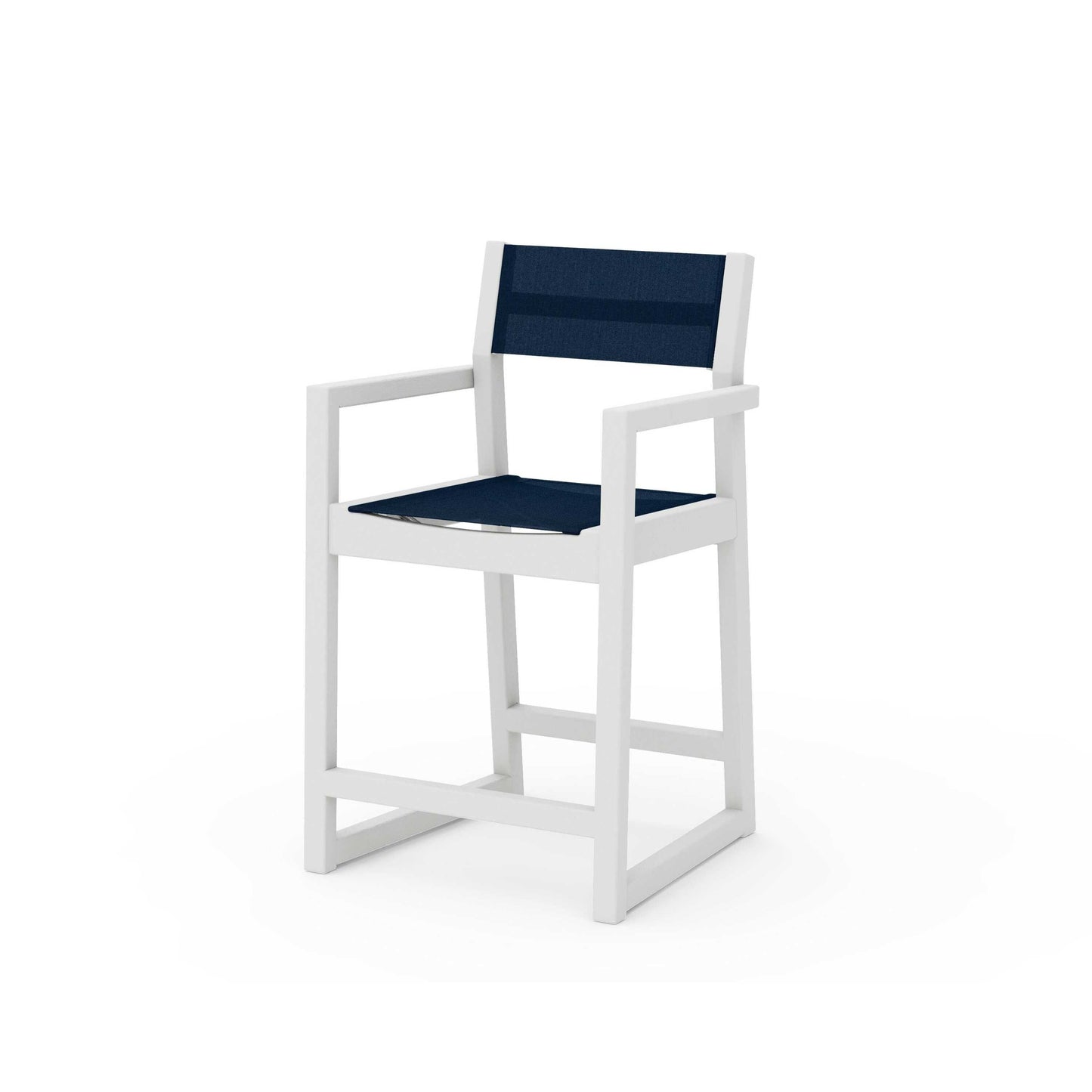 POLYWOOD EDGE Sling Counter Arm Chair — Vintage White / Navy Blue Sling
