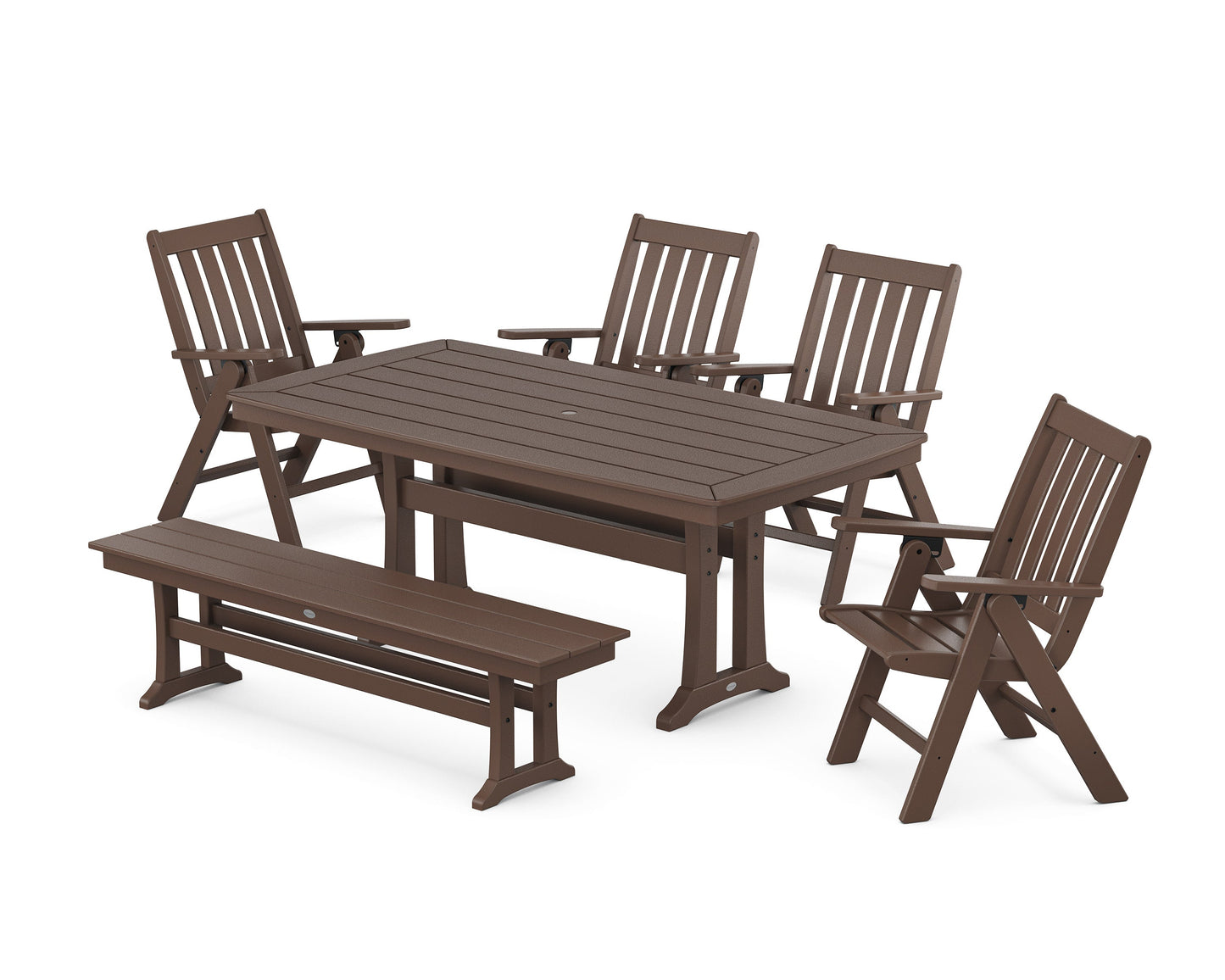 POLYWOOD Vineyard Folding Chair 6-Piece Dining Set with Trestle Legs and Bench — Mahogany