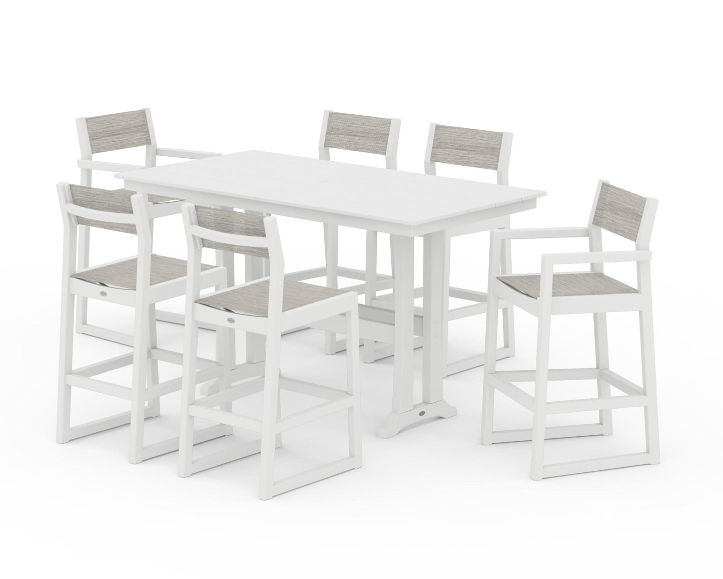 POLYWOOD EDGE Sling 7-Piece Farmhouse Bar Set with Trestle Legs — White / Birch Sling
