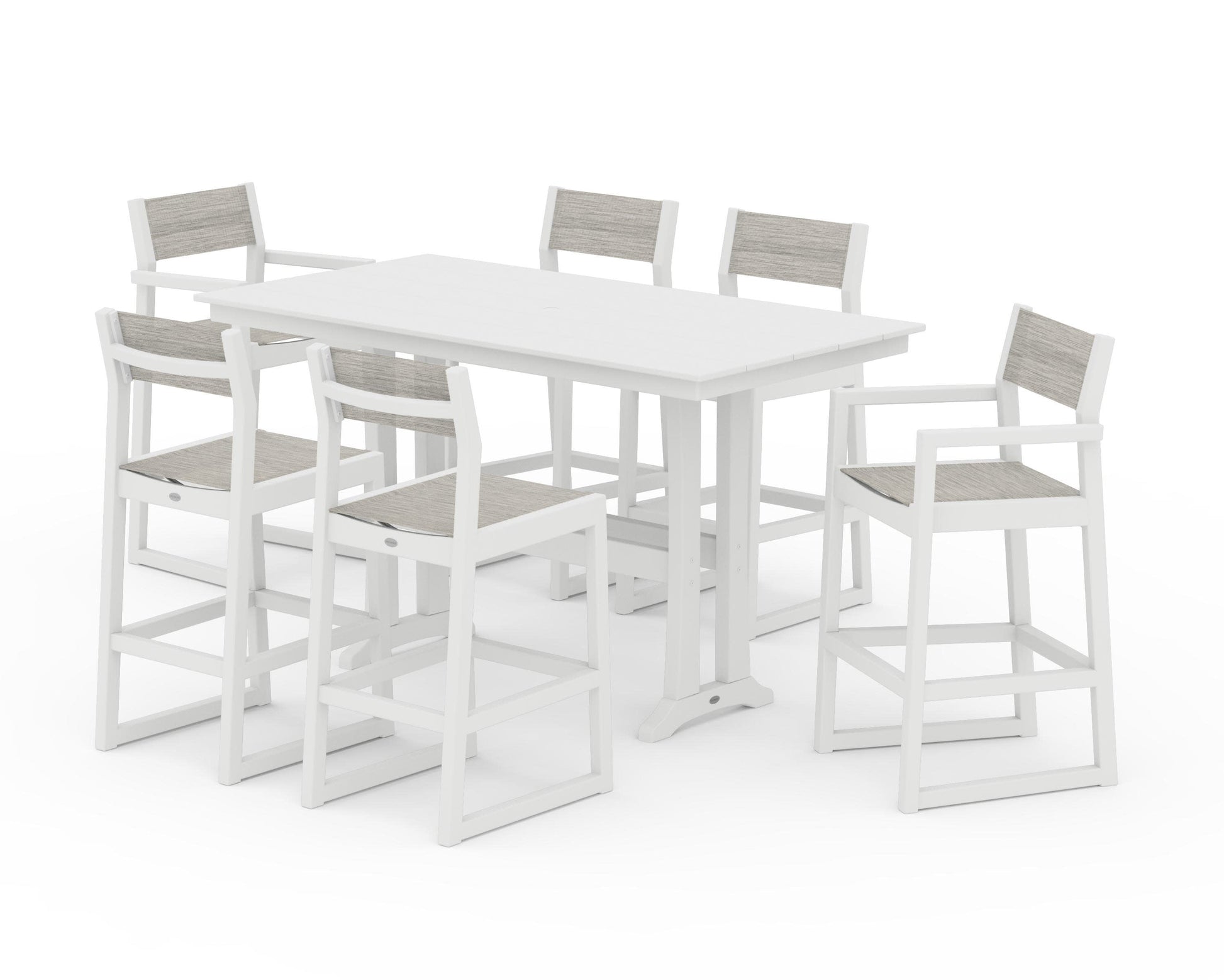 POLYWOOD EDGE Sling 7-Piece Farmhouse Bar Set with Trestle Legs — White / Birch Sling