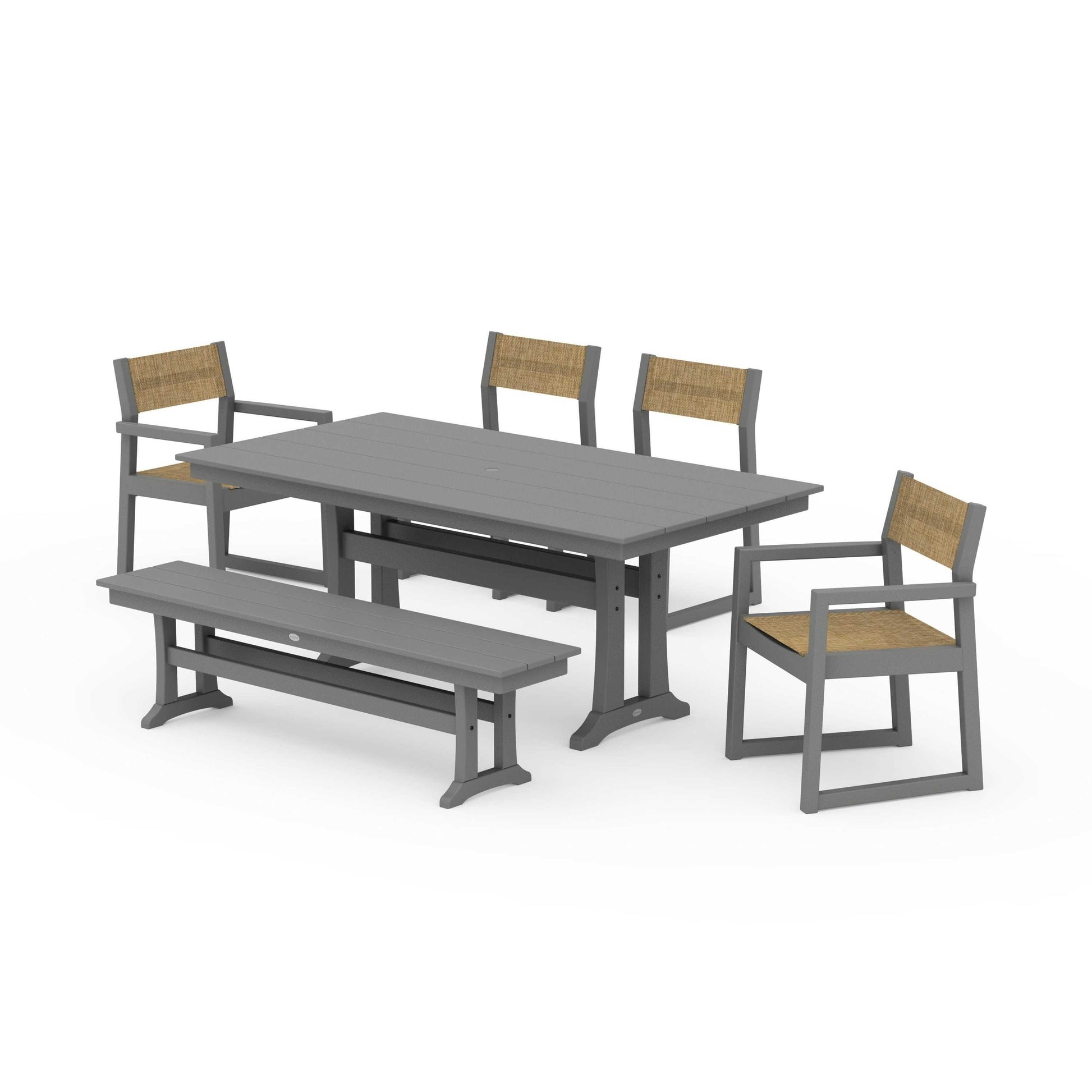 POLYWOOD EDGE Sling 6-Piece Farmhouse Dining Set With Trestle Legs — Slate Grey / Burlap Sling