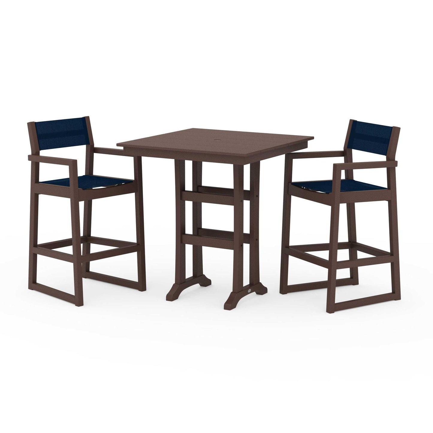 POLYWOOD EDGE Sling Arm Chair 3-Piece Farmhouse Bar Set with Trestle Legs — Mahogany / Navy Blue Sling
