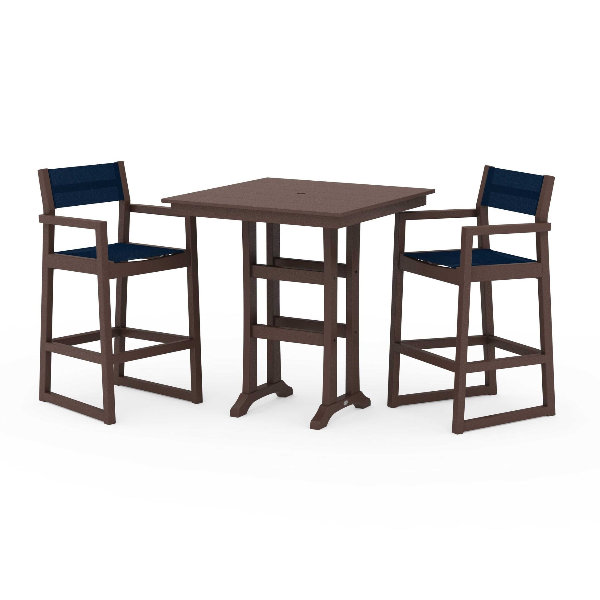 POLYWOOD EDGE Sling Arm Chair 3-Piece Farmhouse Bar Set with Trestle Legs — Mahogany / Navy Blue Sling