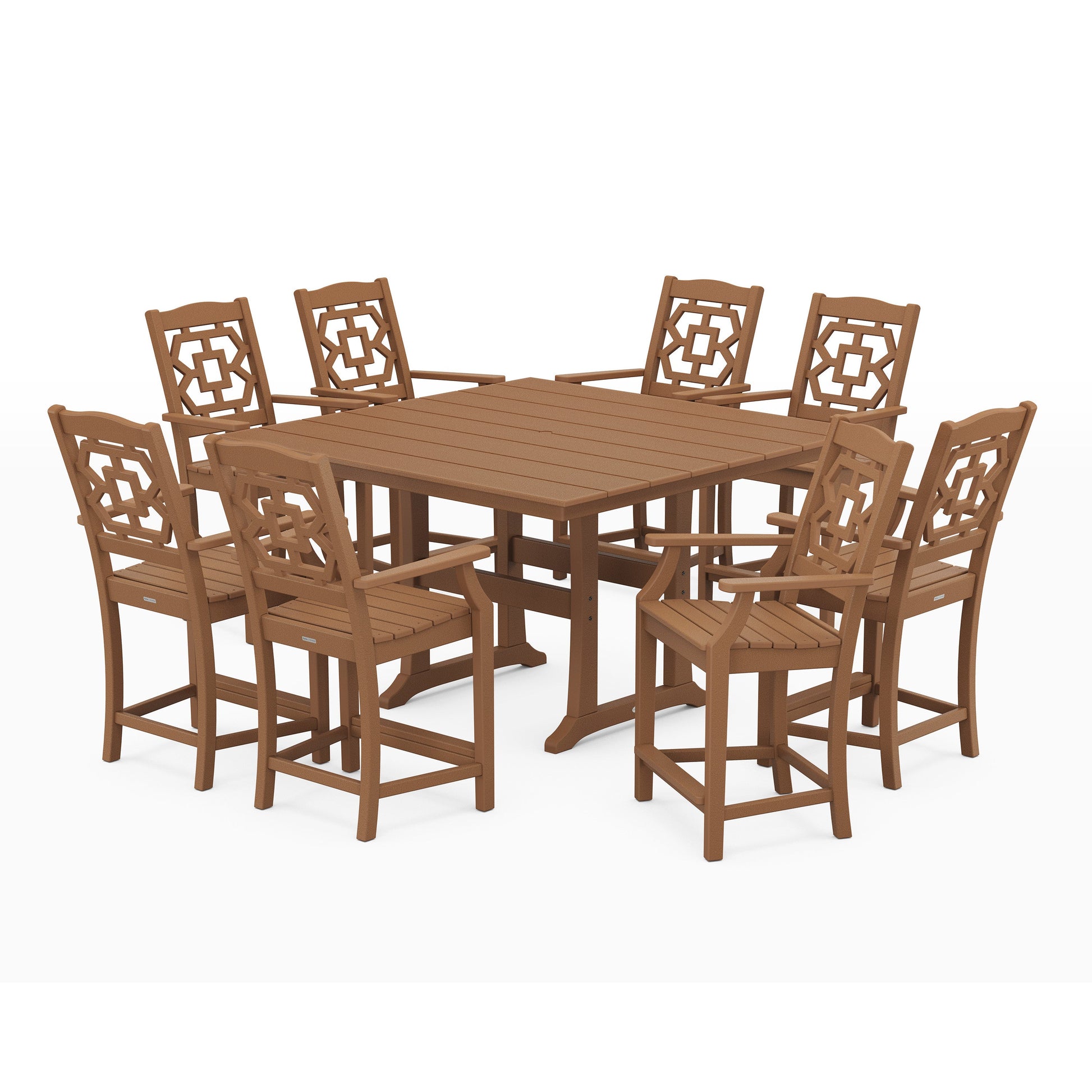 POLYWOOD Chinoiserie 9-Piece Square Farmhouse Counter Set with Trestle Legs — Teak