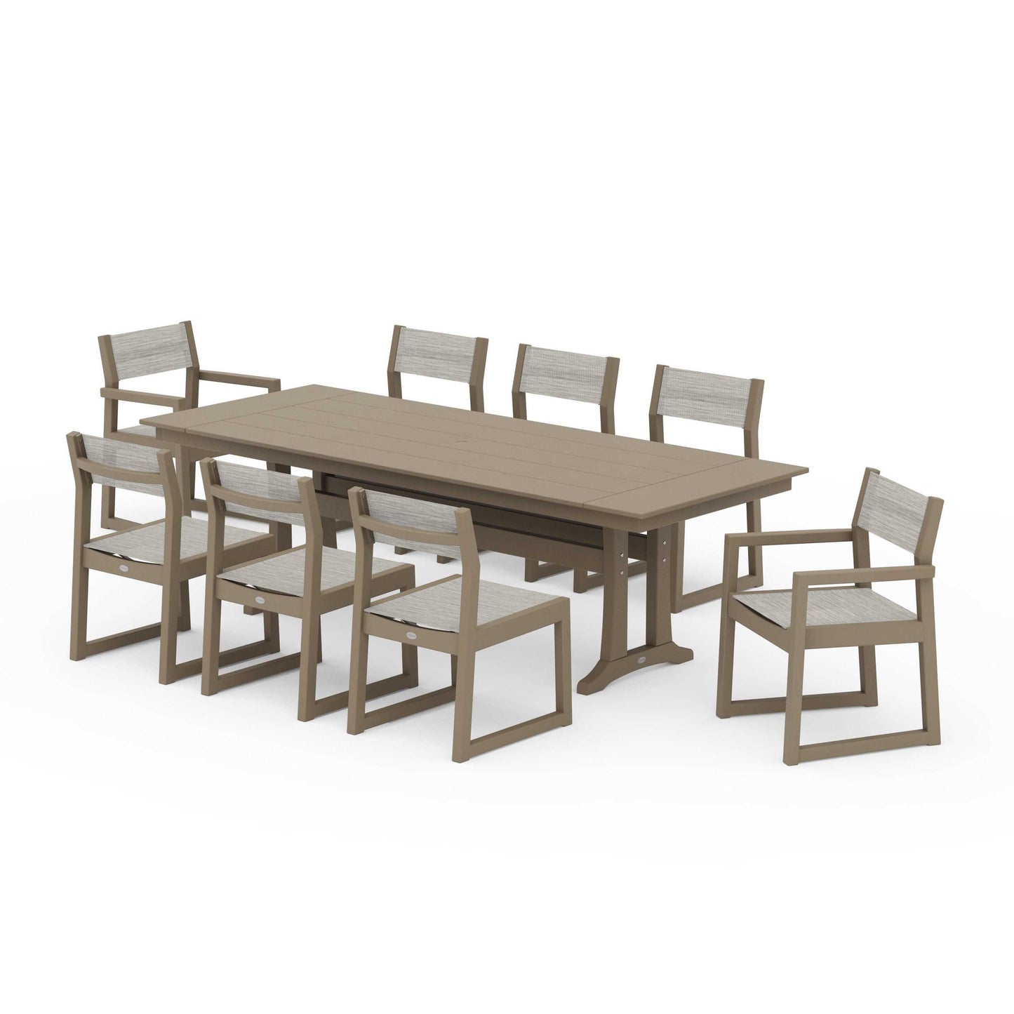POLYWOOD EDGE Sling 9-Piece Farmhouse Trestle Dining Set — Vintage Sahara / Birch Sling
