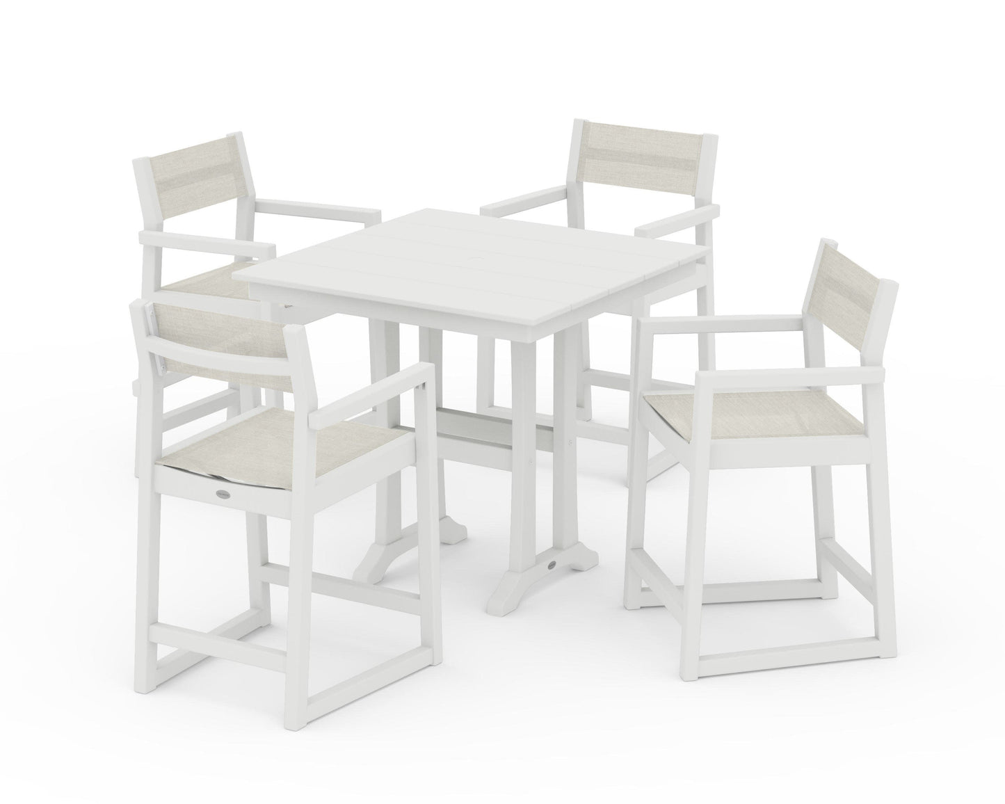 POLYWOOD EDGE Sling Arm Chair 5-Piece Farmhouse Counter Set with Trestle Legs — Vintage White / Parchment Sling