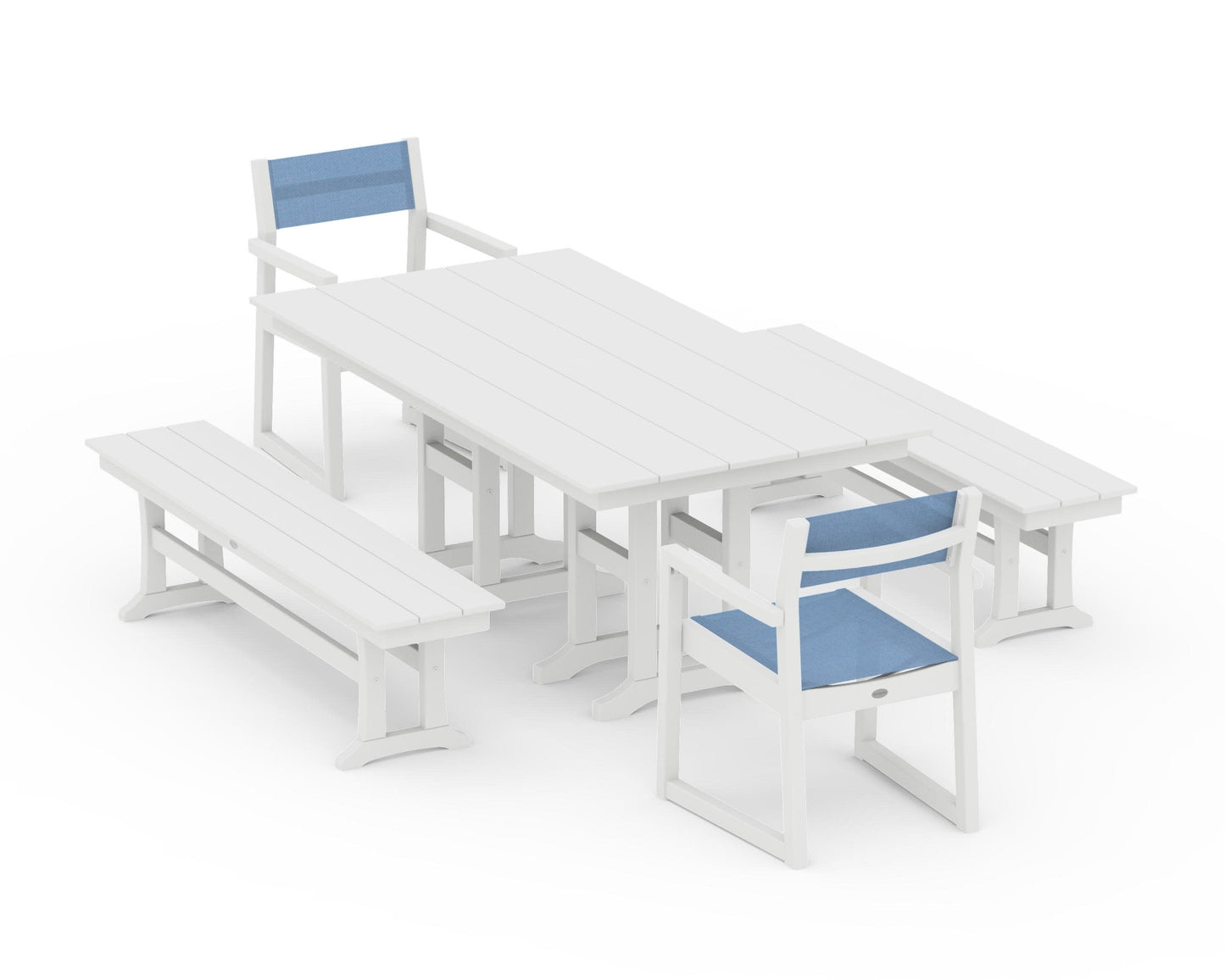 POLYWOOD EDGE Sling Arm Chair 5-Piece Farmhouse Dining Set with Benches — White / Poolside Sling