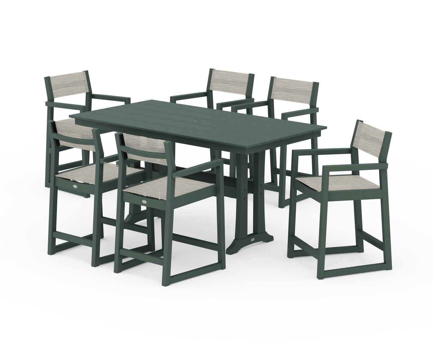 POLYWOOD EDGE Sling Arm Chair 7-Piece Farmhouse Counter Set with Trestle Legs — Green / Birch Sling