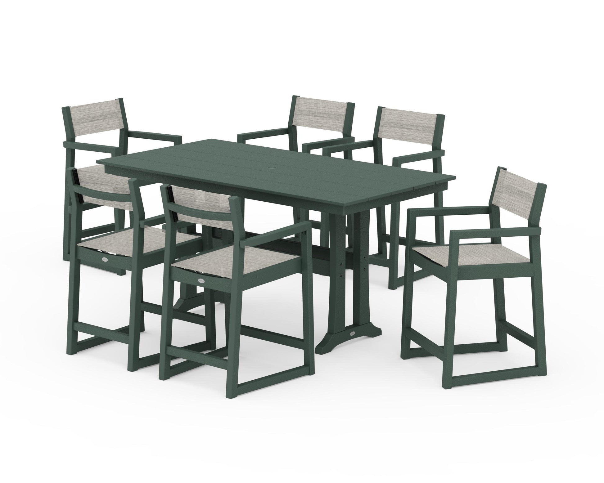 POLYWOOD EDGE Sling Arm Chair 7-Piece Farmhouse Counter Set with Trestle Legs — Green / Birch Sling