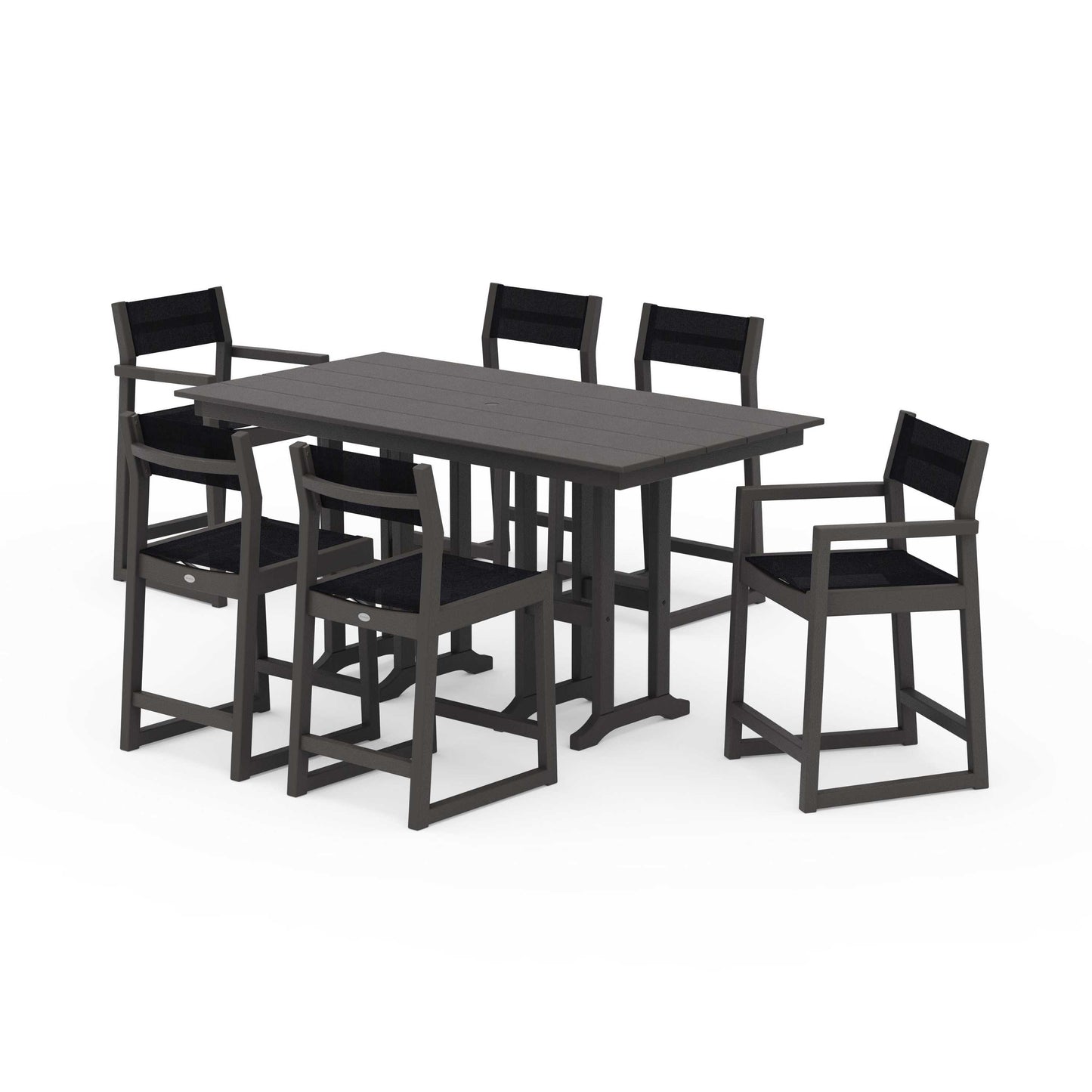 POLYWOOD EDGE Sling 7-Piece Farmhouse Counter Set with Trestle Legs — Vintage Coffee / Black Sling