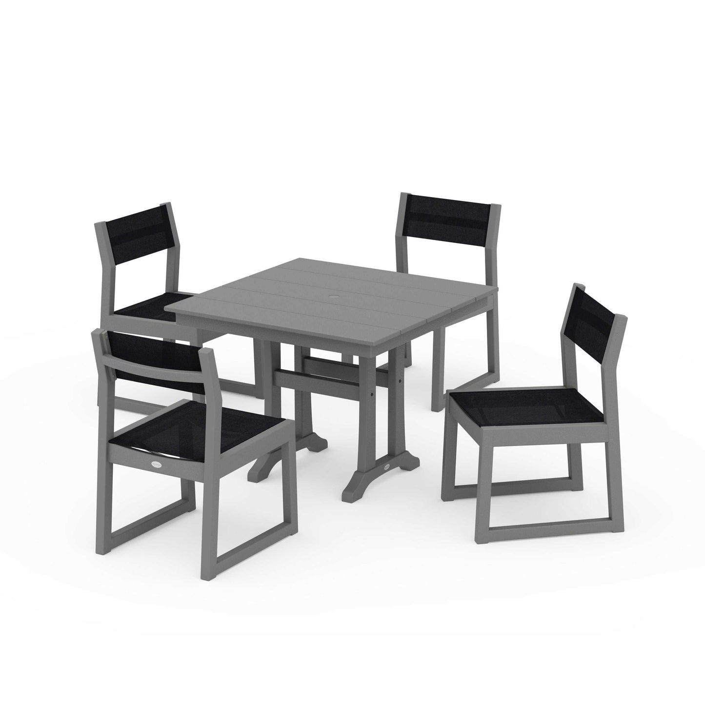 POLYWOOD EDGE Sling 5-Piece Farmhouse Trestle Side Chair Dining Set — Slate Grey / Black Sling