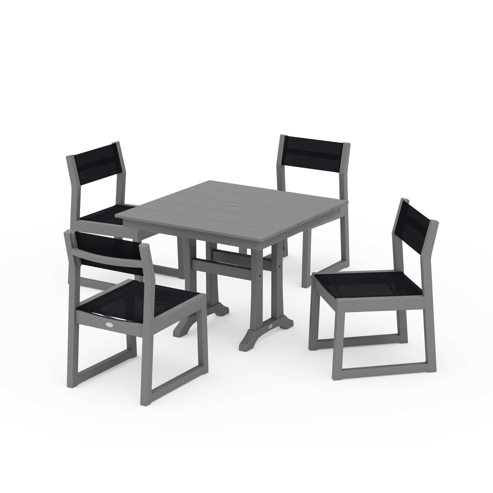 POLYWOOD EDGE Sling 5-Piece Farmhouse Trestle Side Chair Dining Set — Slate Grey / Black Sling