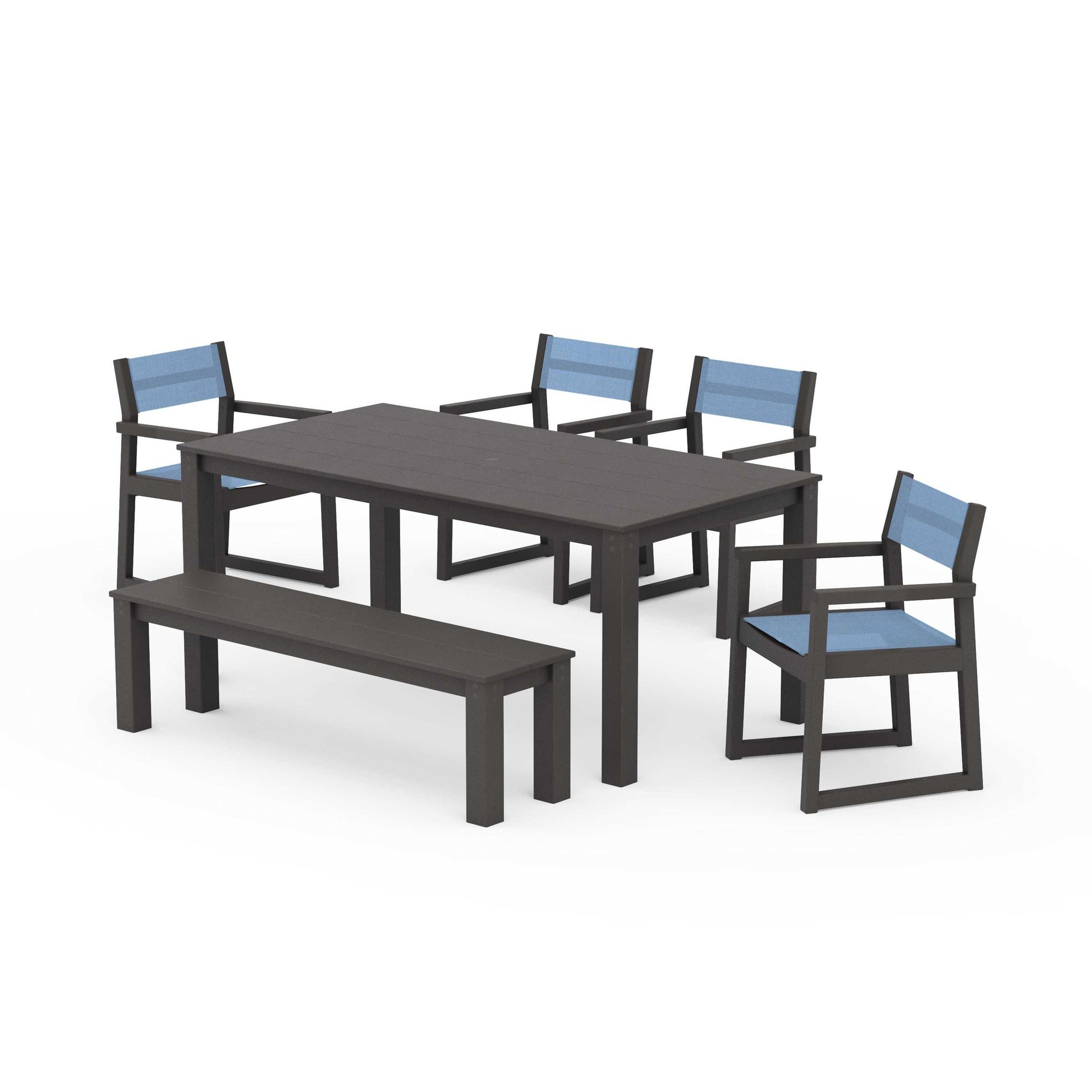 POLYWOOD EDGE Sling Arm Chair 6-Piece Parsons Dining Set with Bench — Vintage Coffee / Poolside Sling