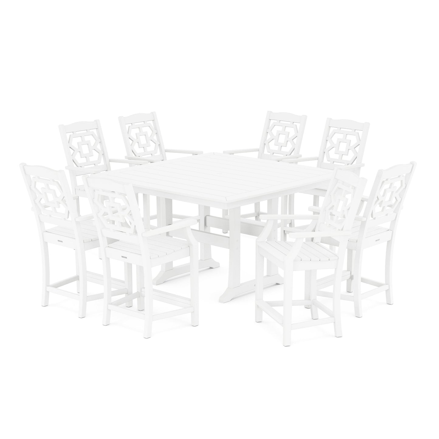 POLYWOOD Chinoiserie 9-Piece Square Counter Set with Trestle Legs — White