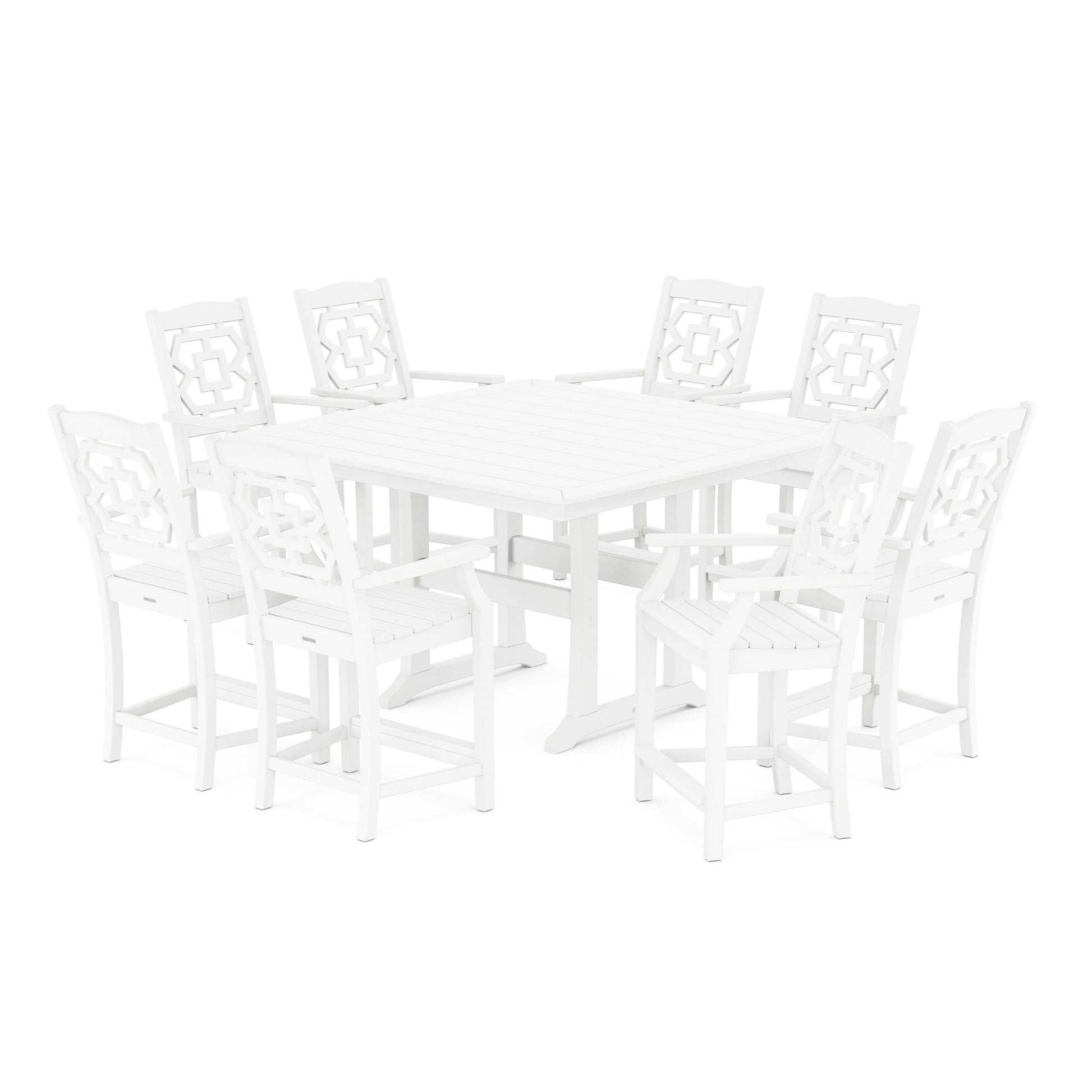 POLYWOOD Chinoiserie 9-Piece Square Counter Set with Trestle Legs — White