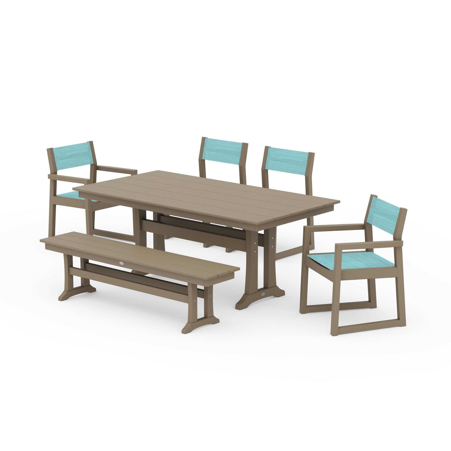 POLYWOOD EDGE Sling 6-Piece Farmhouse Dining Set With Trestle Legs — Vintage Sahara / Dupioni Aquamarine Sling