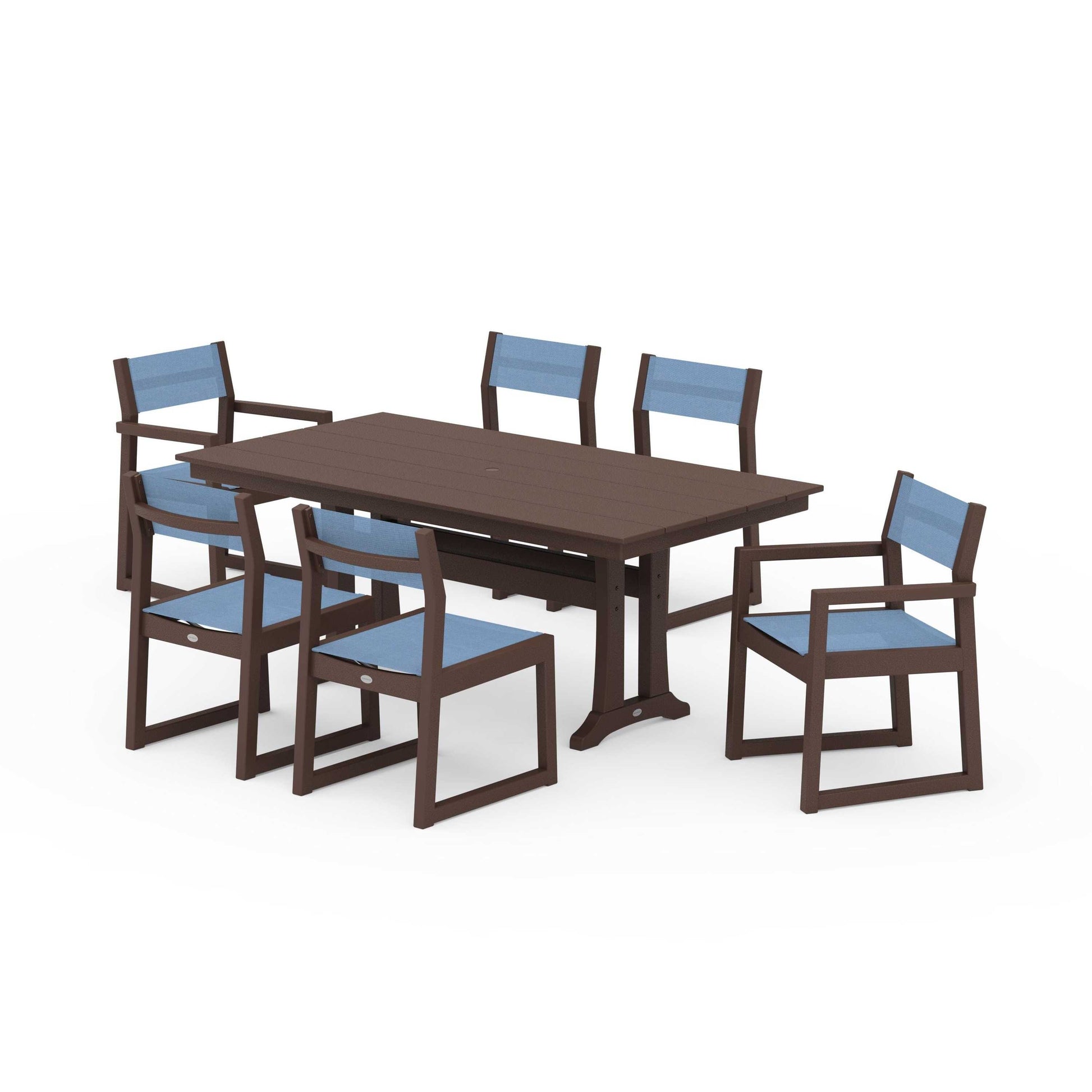 POLYWOOD EDGE Sling 7-Piece Farmhouse Trestle Dining Set — Mahogany / Poolside Sling