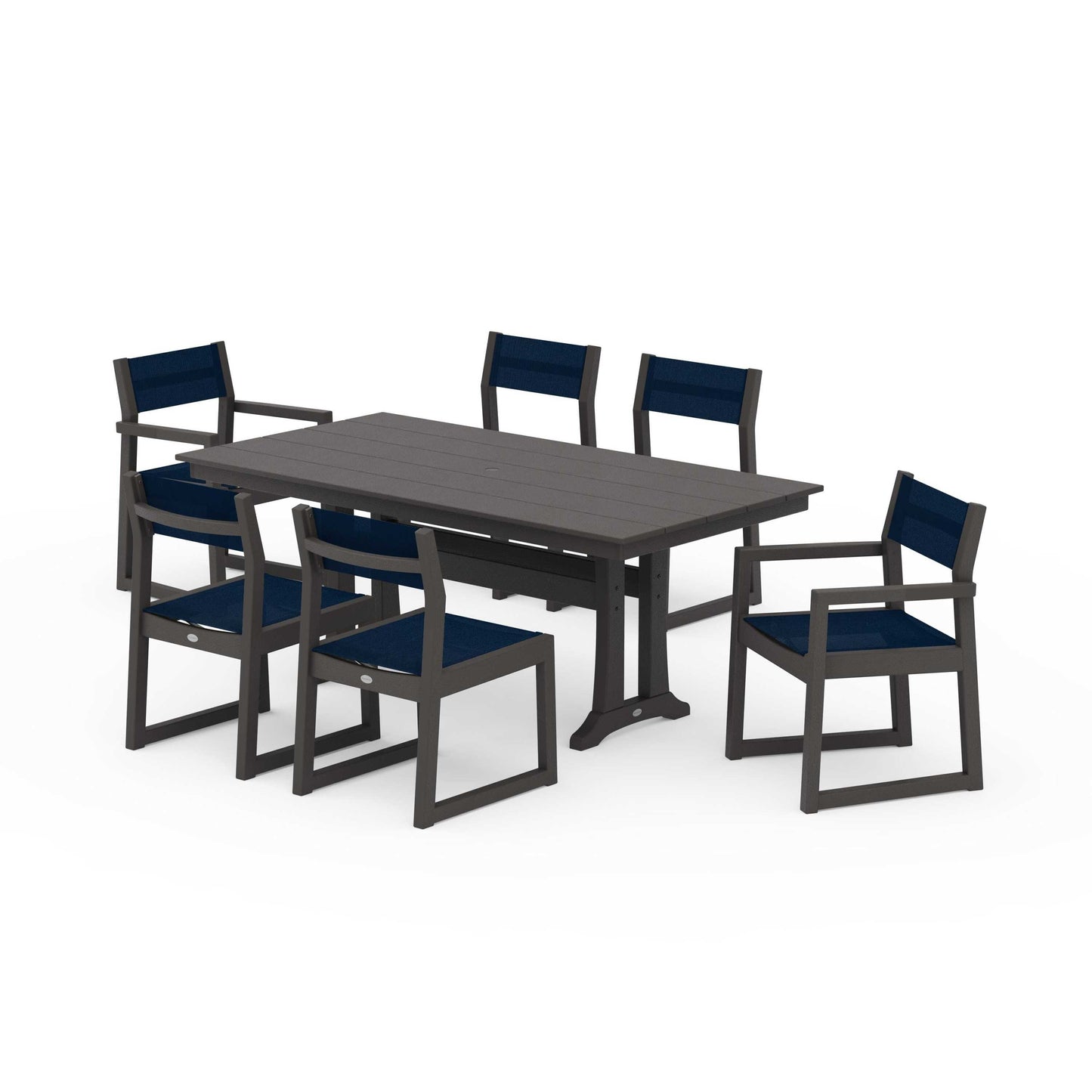 POLYWOOD EDGE Sling 7-Piece Farmhouse Trestle Dining Set — Vintage Coffee / Navy Blue Sling