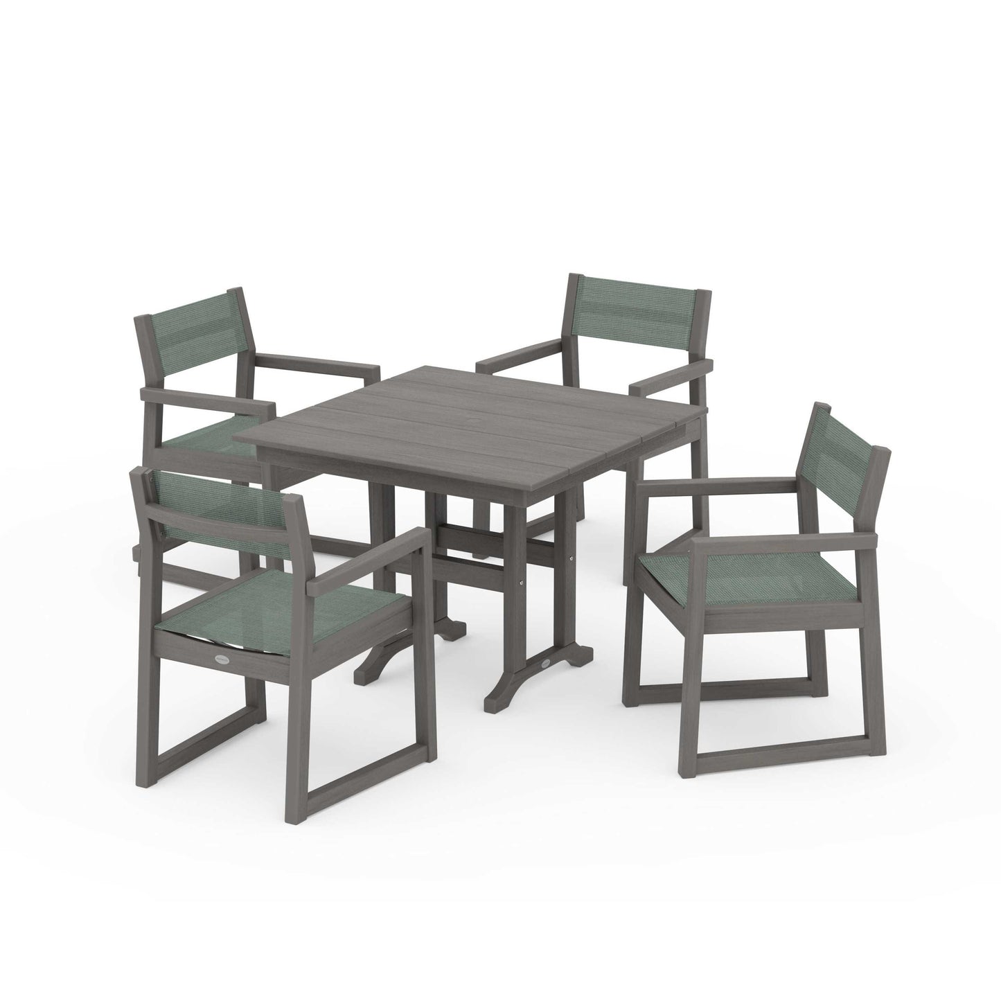 POLYWOOD EDGE Sling Arm Chair 5-Piece Farmhouse Dining Set — Driftwood / Dupioni Sea Mist Sling