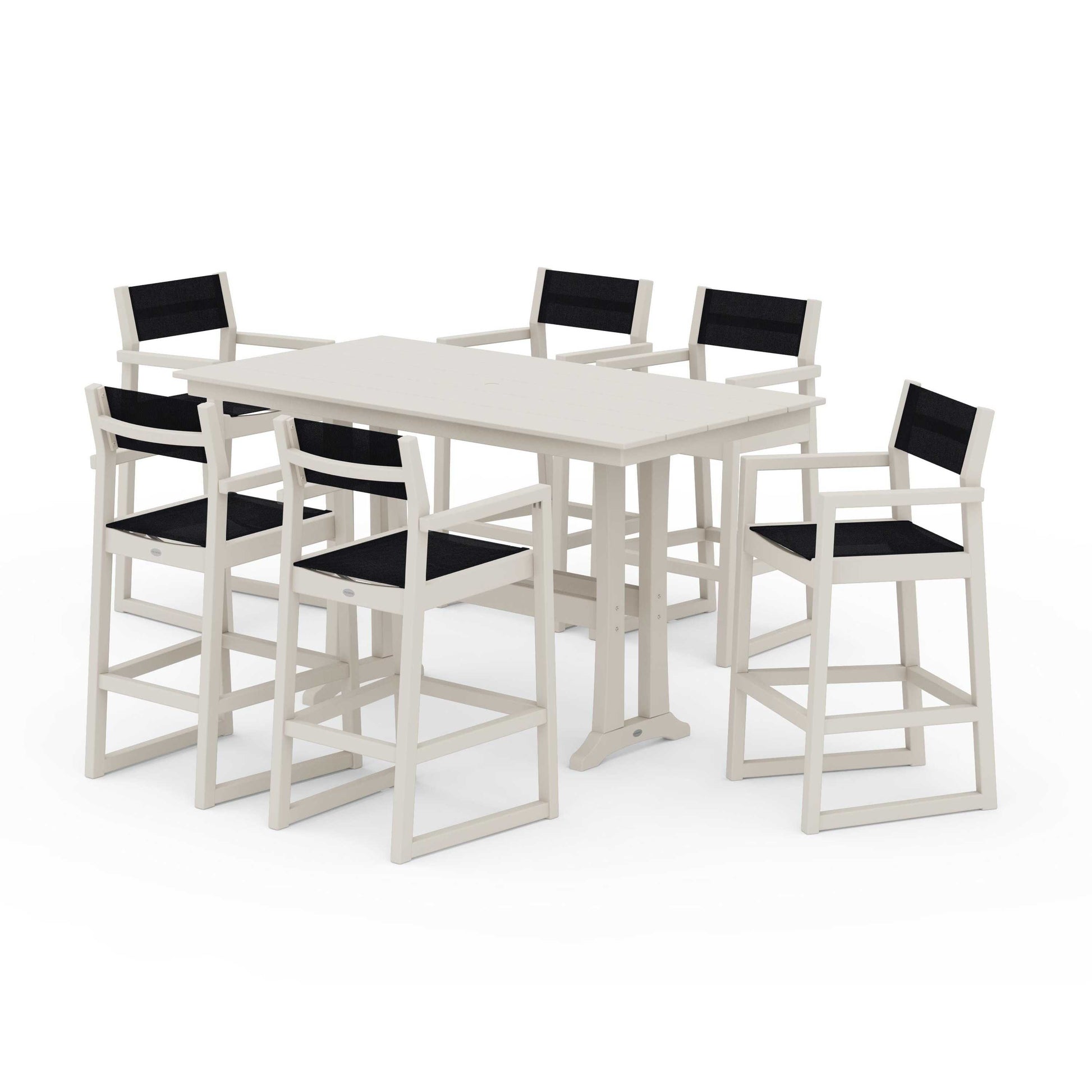 POLYWOOD EDGE Sling Arm Chair 7-Piece Farmhouse Bar Set with Trestle Legs — Sand / Black Sling