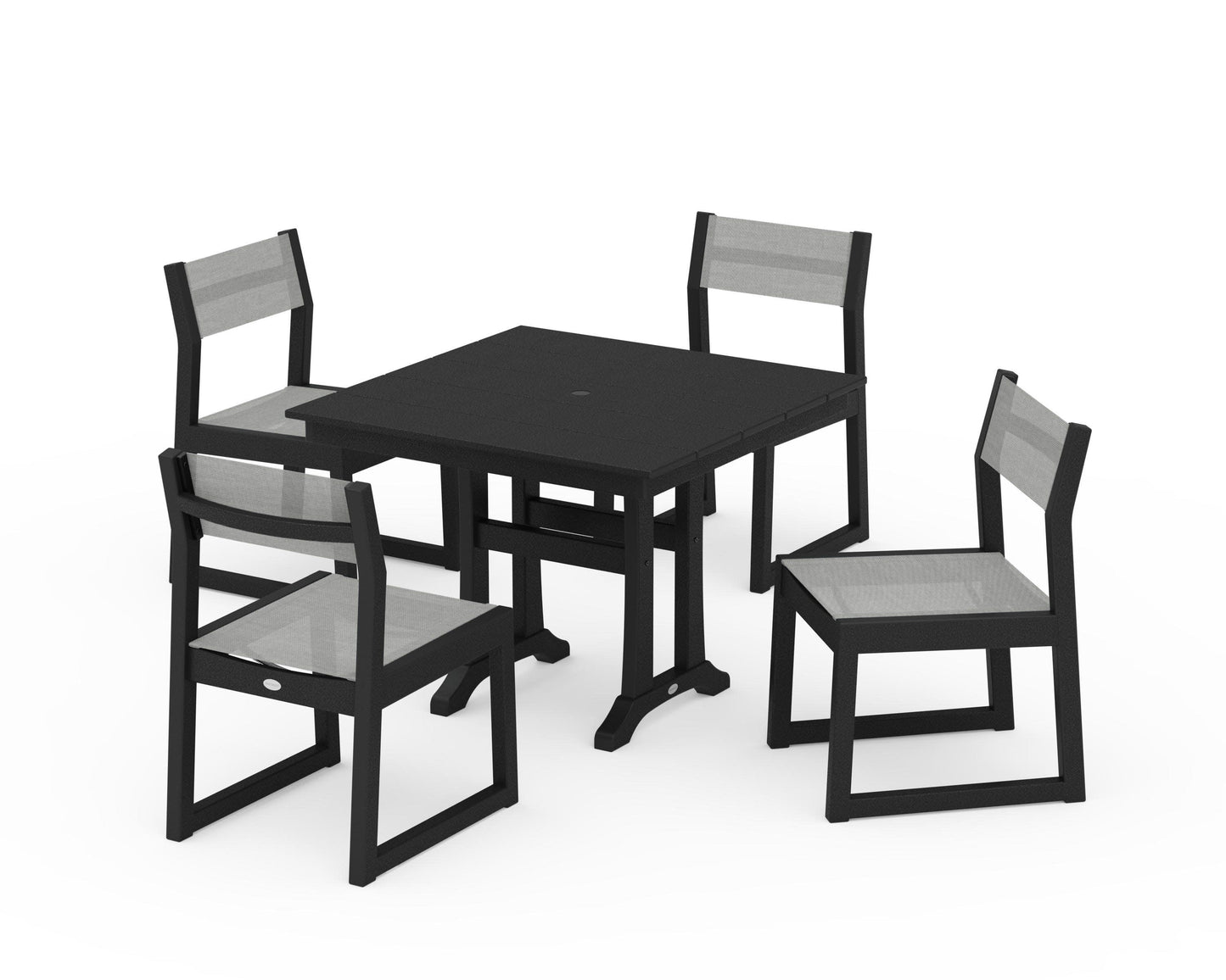 POLYWOOD EDGE Sling 5-Piece Farmhouse Trestle Side Chair Dining Set — Black / Metallic Sling