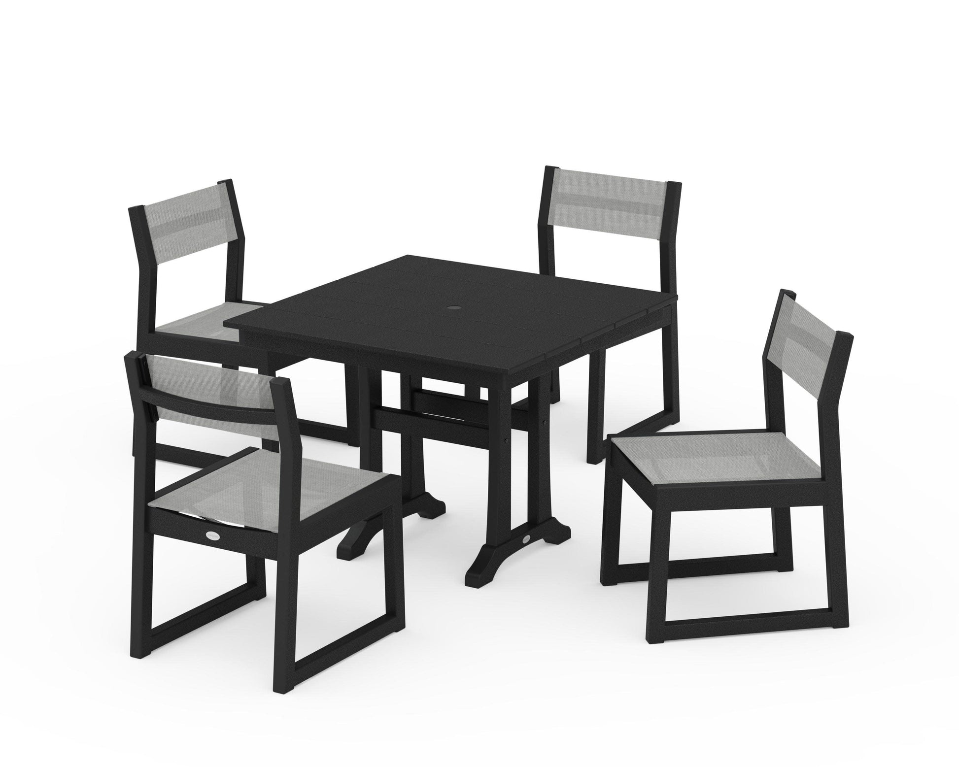 POLYWOOD EDGE Sling 5-Piece Farmhouse Trestle Side Chair Dining Set — Black / Metallic Sling