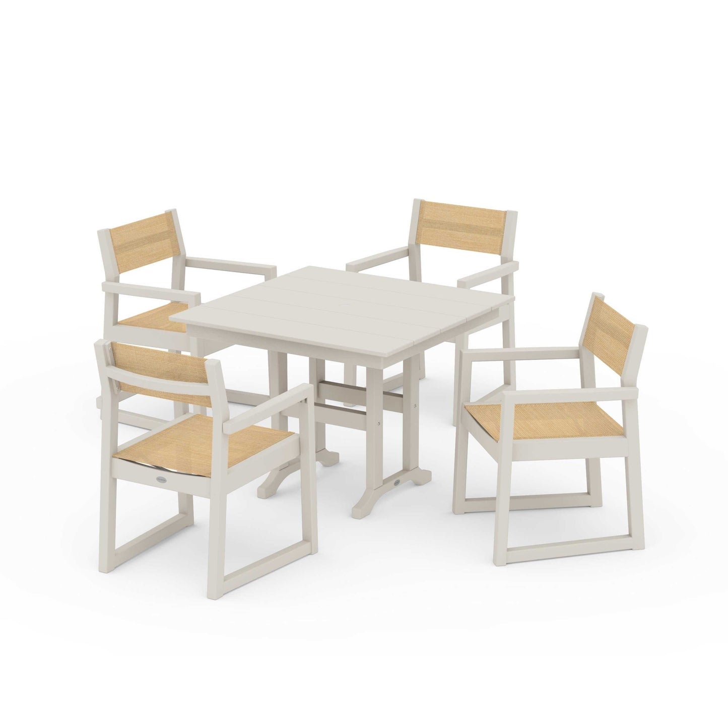 POLYWOOD EDGE Sling Arm Chair 5-Piece Farmhouse Dining Set — Sand / Dupioni Apricot Sling
