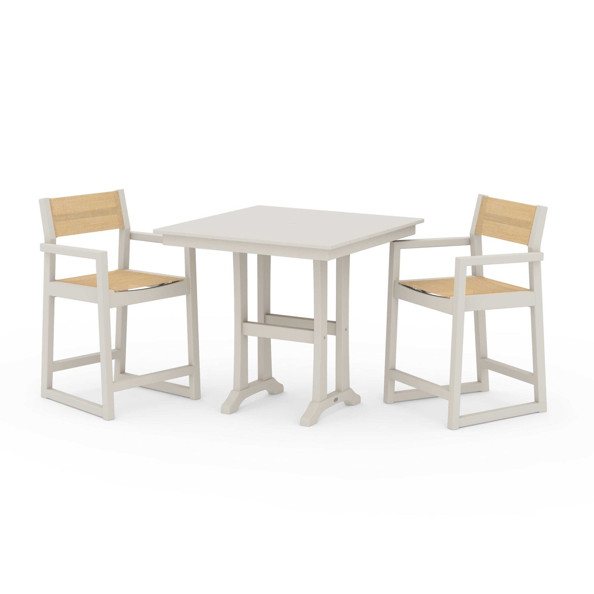 POLYWOOD EDGE Sling Arm Chair 3-Piece Farmhouse Counter Set with Trestle Legs — Sand / Dupioni Apricot Sling