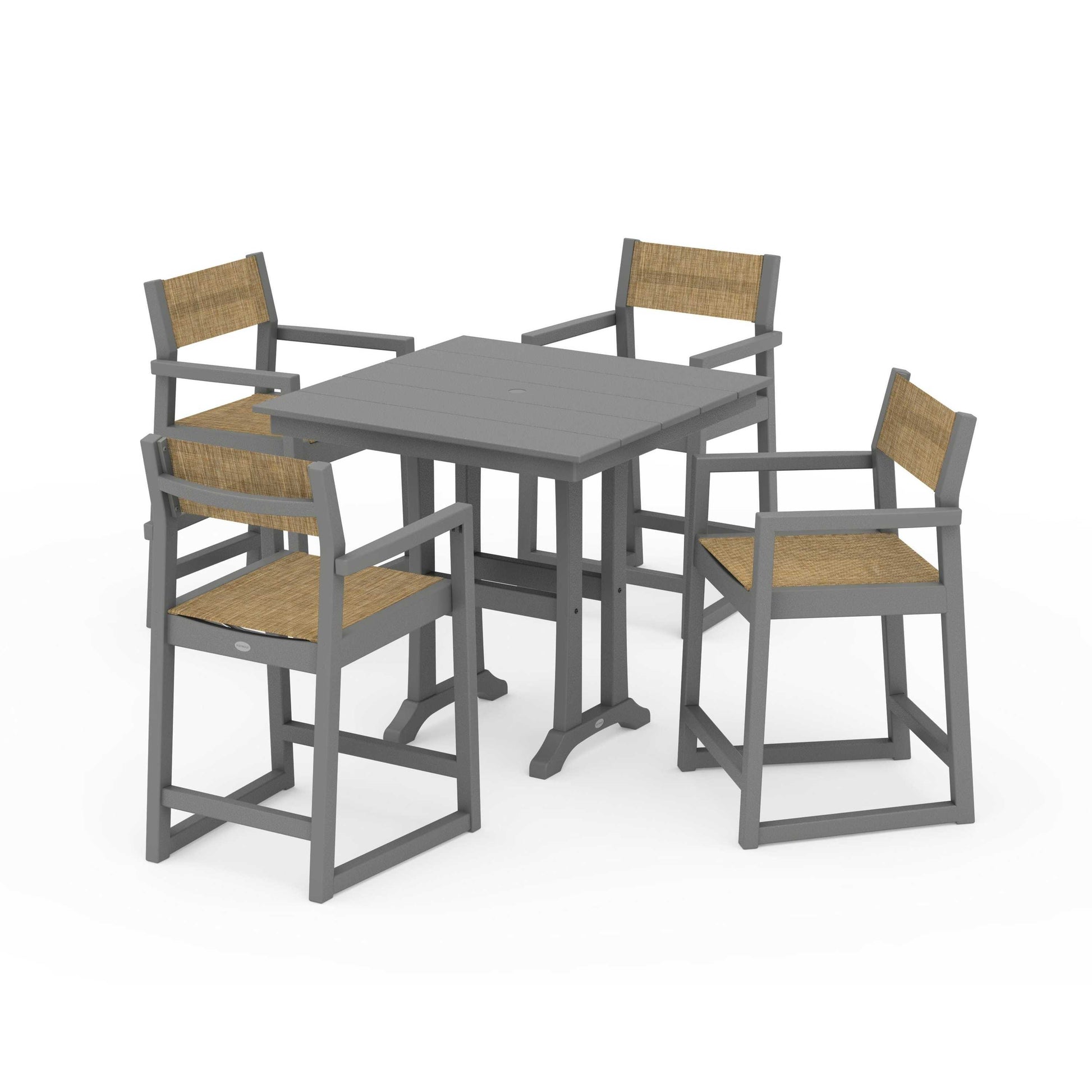 POLYWOOD EDGE Sling Arm Chair 5-Piece Farmhouse Counter Set with Trestle Legs — Slate Grey / Burlap Sling